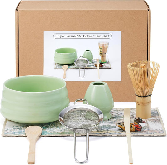 Japanese matcha set, matcha whisk and bowl, matcha sieve, matcha whisk holder, and matcha spoon - 8pcs Matcha Set (green)