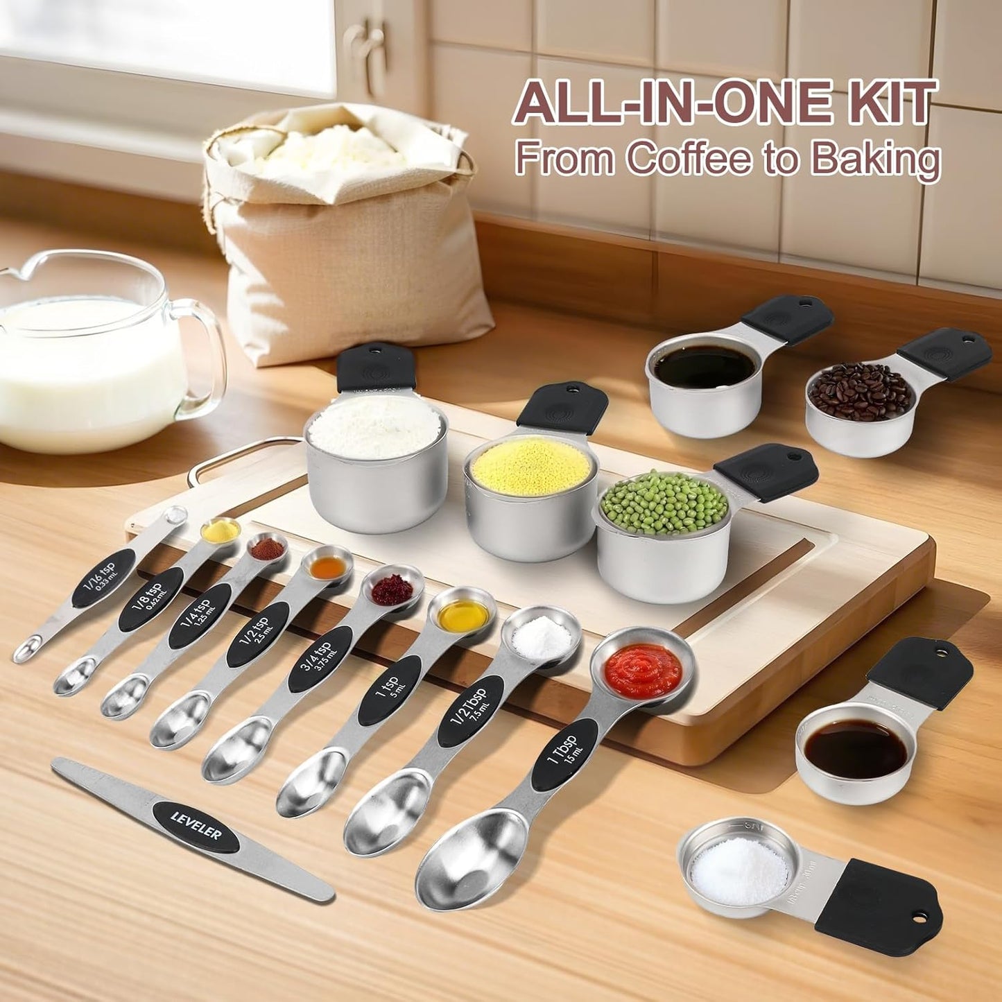 16-Piece Stainless Steel Measuring Cups and Spoons Set, Strong Magnetic Nesting Design 7 Cups 8 Spoons with Leveler, Double Measurement Markings for Dry & Liquid Ingredients, Black
