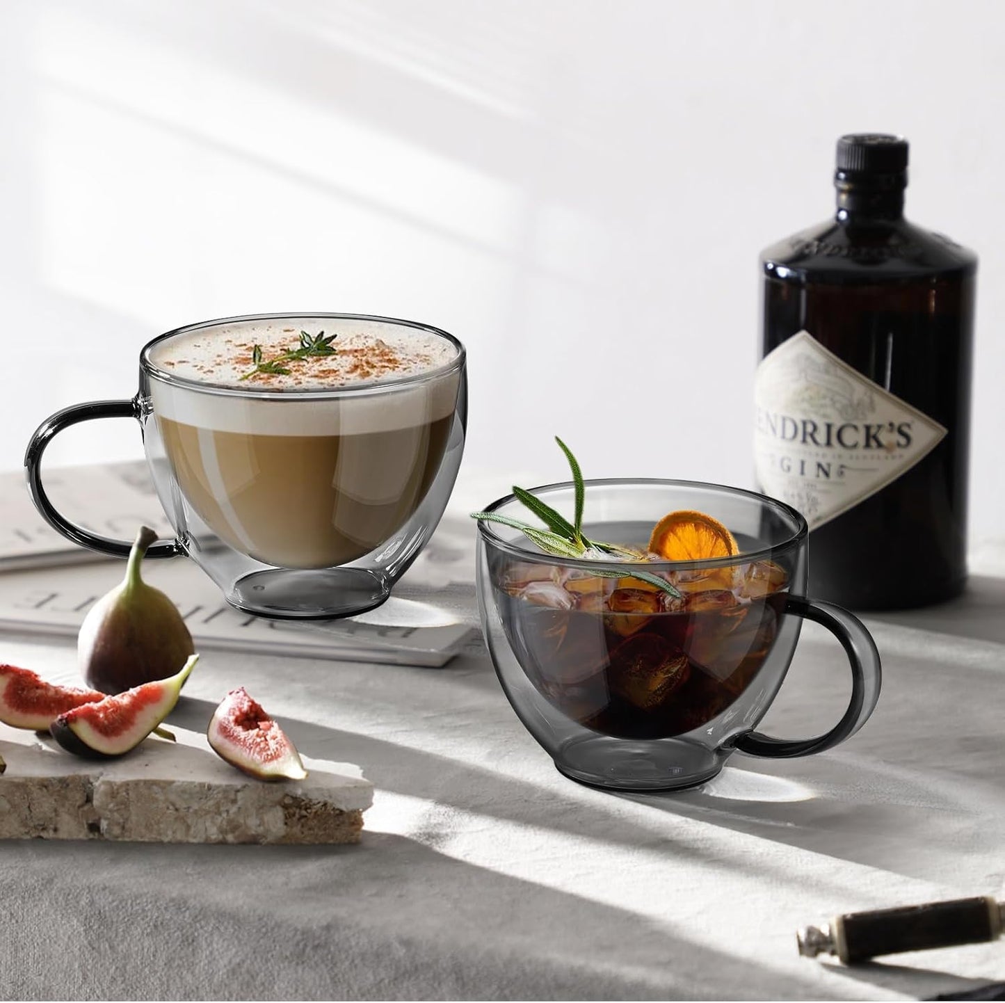 ecooe Black Double Walled Glass Coffee Mug 12 oz Latte Cappuccino Cups Set of 2 Coffee Cups with Handle, Heat Resistant Double Wall Glass Cup for Tea Milk Juice Ice Cream, Birthday Gifts for Mum Dad