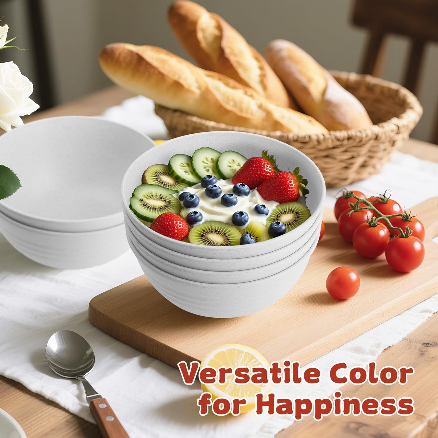 Wheat Straw Camping Bowls Sets of 6,Unbreakable 26oz Lightweight Bowls Sets for Outdoors Activity,Breakfast Bowls for Cereal and Salad.White Series