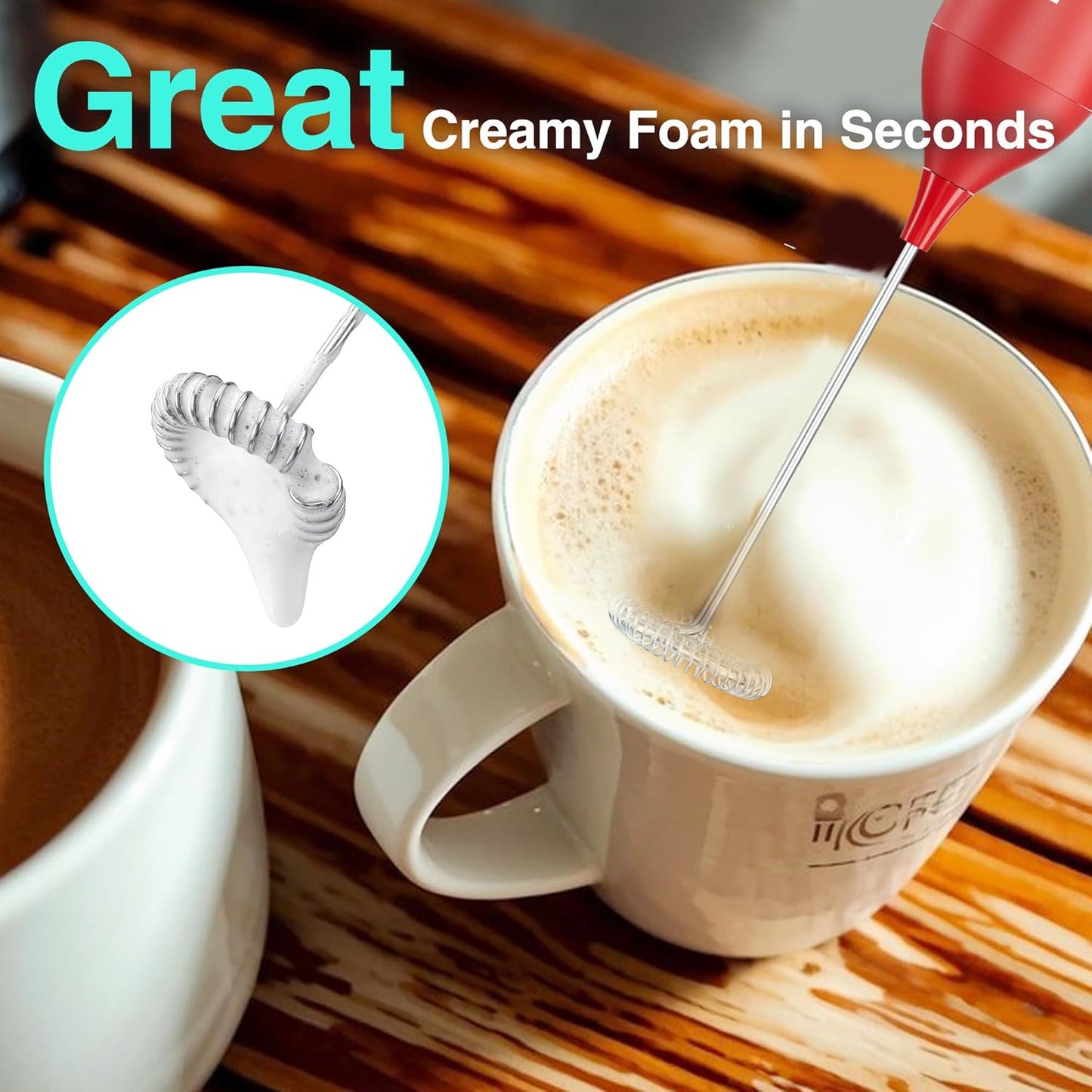 HAUSHOF Powerful Rechargeable Milk Frother Wand with Stand, Handheld Electric Foam Maker, Drink Mixer with Detachable Stainless Steel Whisk for Coffee Latte, Cappuccino, Matcha, Red