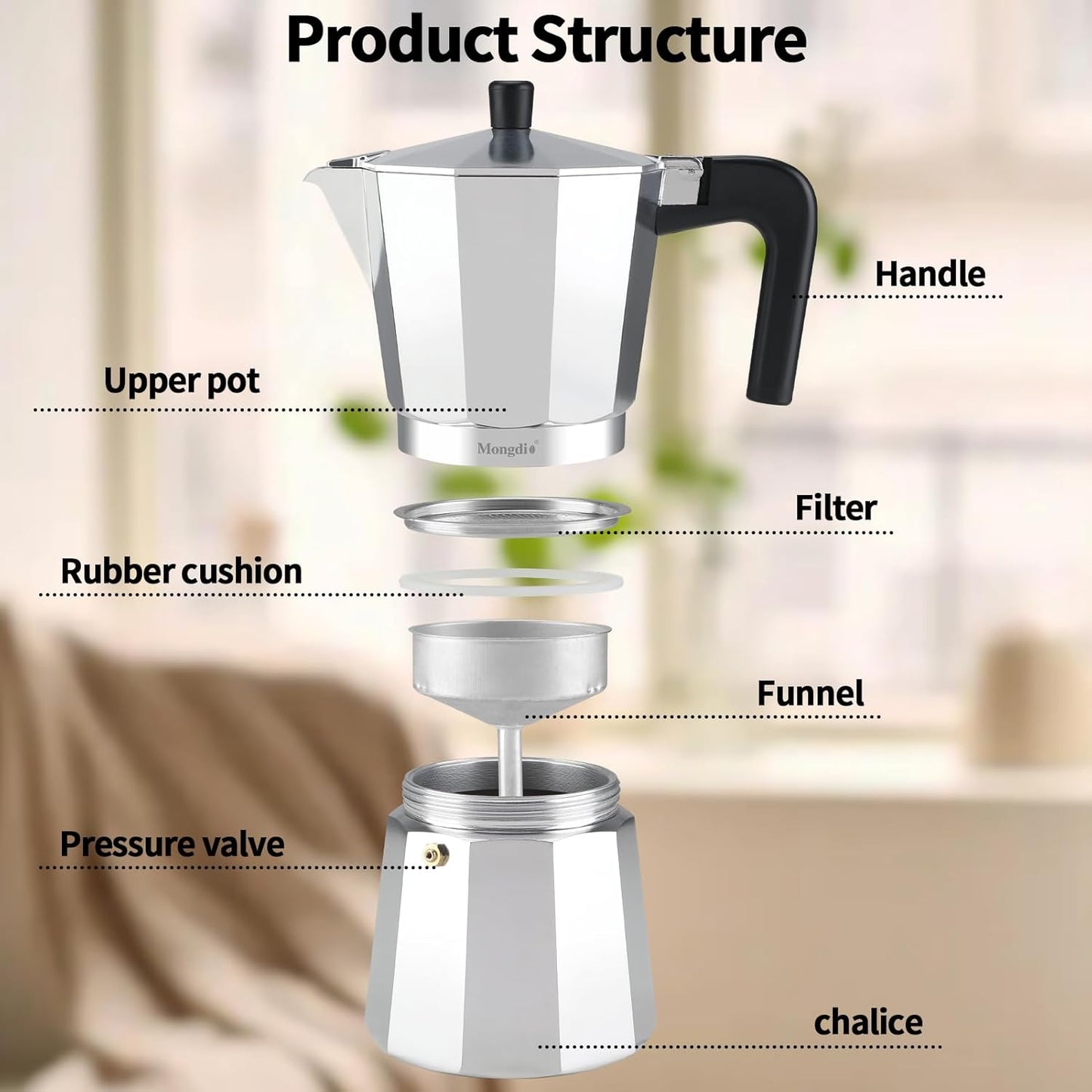 Mongdio Stovetop Espresso Maker Moka Pot, Stove Top Cuban Coffee Maker, Italian Greca Mocha Pot, 6 Espresso Cups, 10 oz - Silver