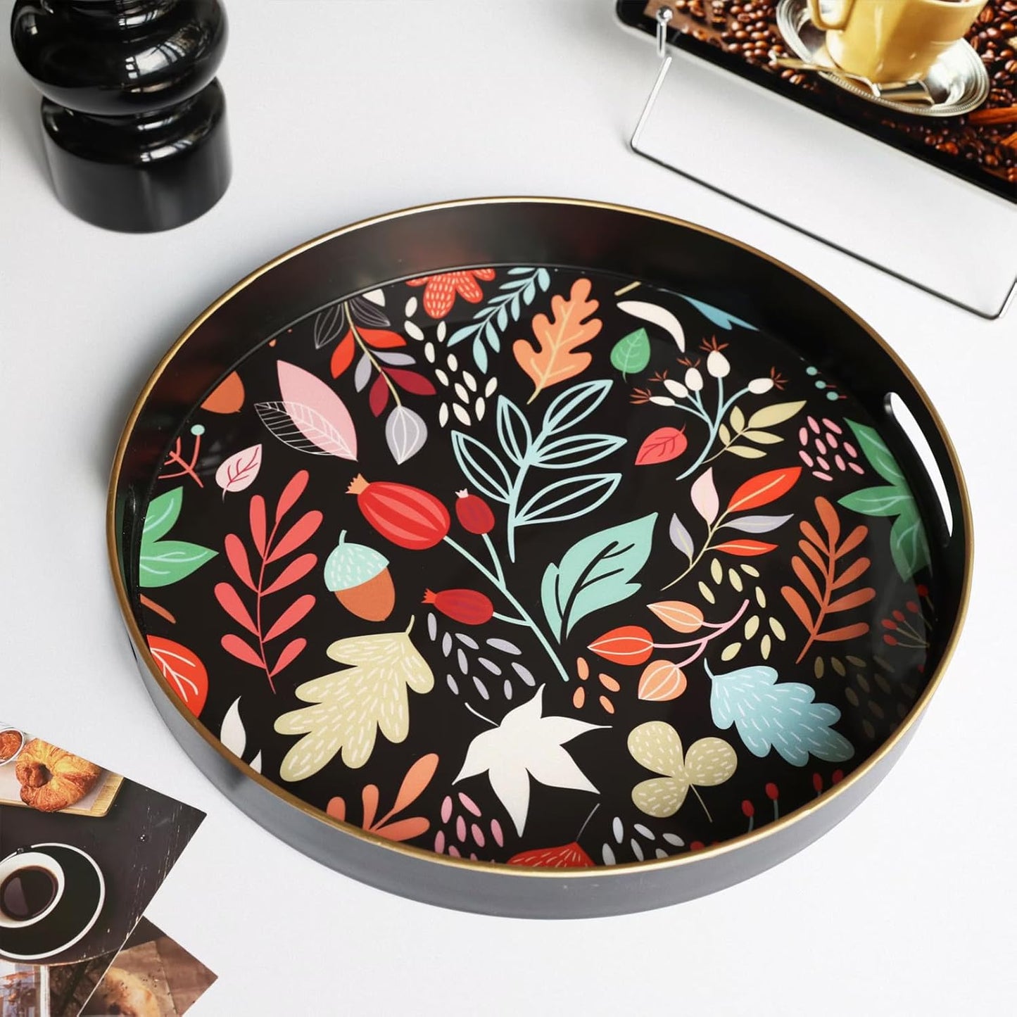 Round Serving Tray with Handles, Coffee Table Tray for Ottoman, Organizer Vanity Tray for Living Room, Outdoor Tray for Patio Entertaining, Serving Breakfast Kitchen Platter LEE33BH