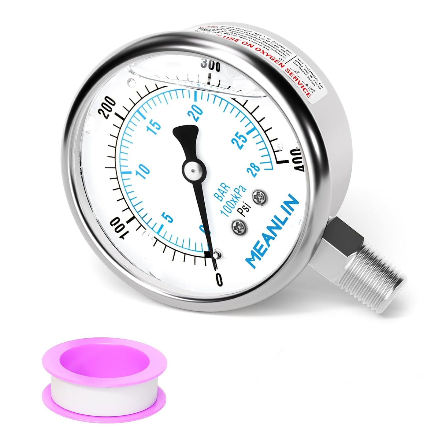 MEANLIN MEASURE 0~400Psi Liquid Filled Pressure Gauge Stainless Steel with 316 Stainless Steel Joint 1/4" NPT 2.5" FACE DIAL for Air Compressor Air Regulator Water Filter Lower Mount