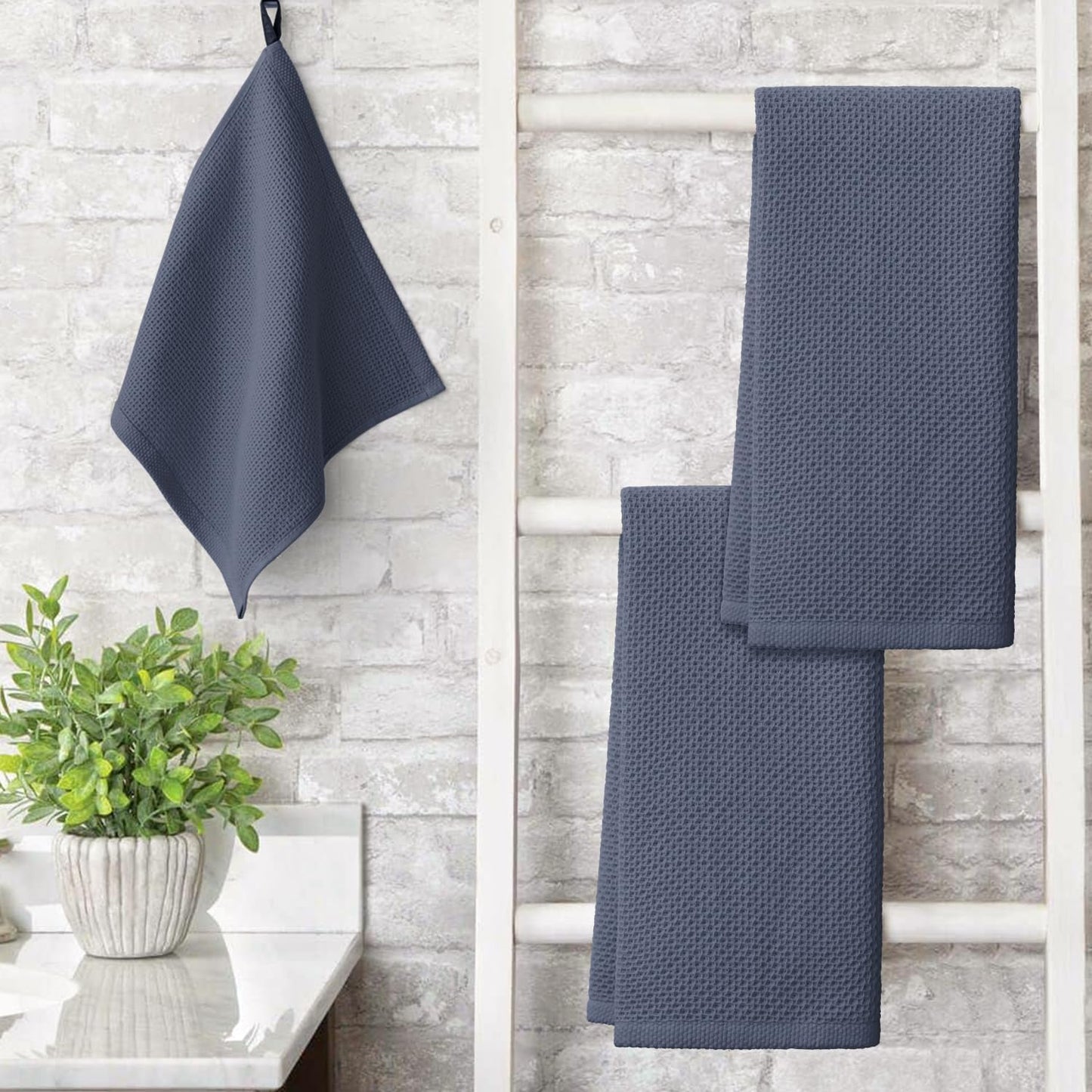 Artoid Mode 100% Cotton Navy Blue Dark Grey Waffle Weave Kitchen Dish Cloths, 13x28 Inch Ultra Soft Absorbent Quick Drying Kitchen Dish Towels Set of 4, Multicolor