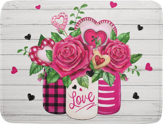 Valentine's Day Rose Flower Dish Drying Mat for Kitchen Counter,Mason Jar Pink Love Heart Drying Mat 18 x 24 Inch with High Absorbent Microfiber Drainer Mat for Coffee Bar