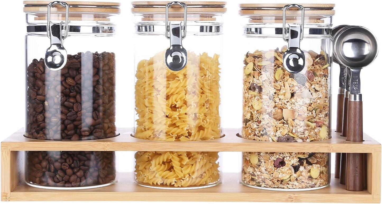 KKC HOME ACCENTS Glass Canisters with Airtight Hinged Lids and Scoops,Sealed Glass Storage Jar Containers for Coffee Beans,Loose Leaf Tea,Sugar,Ground Coffee,Matcha,Bamboo Lid Airtight Jars