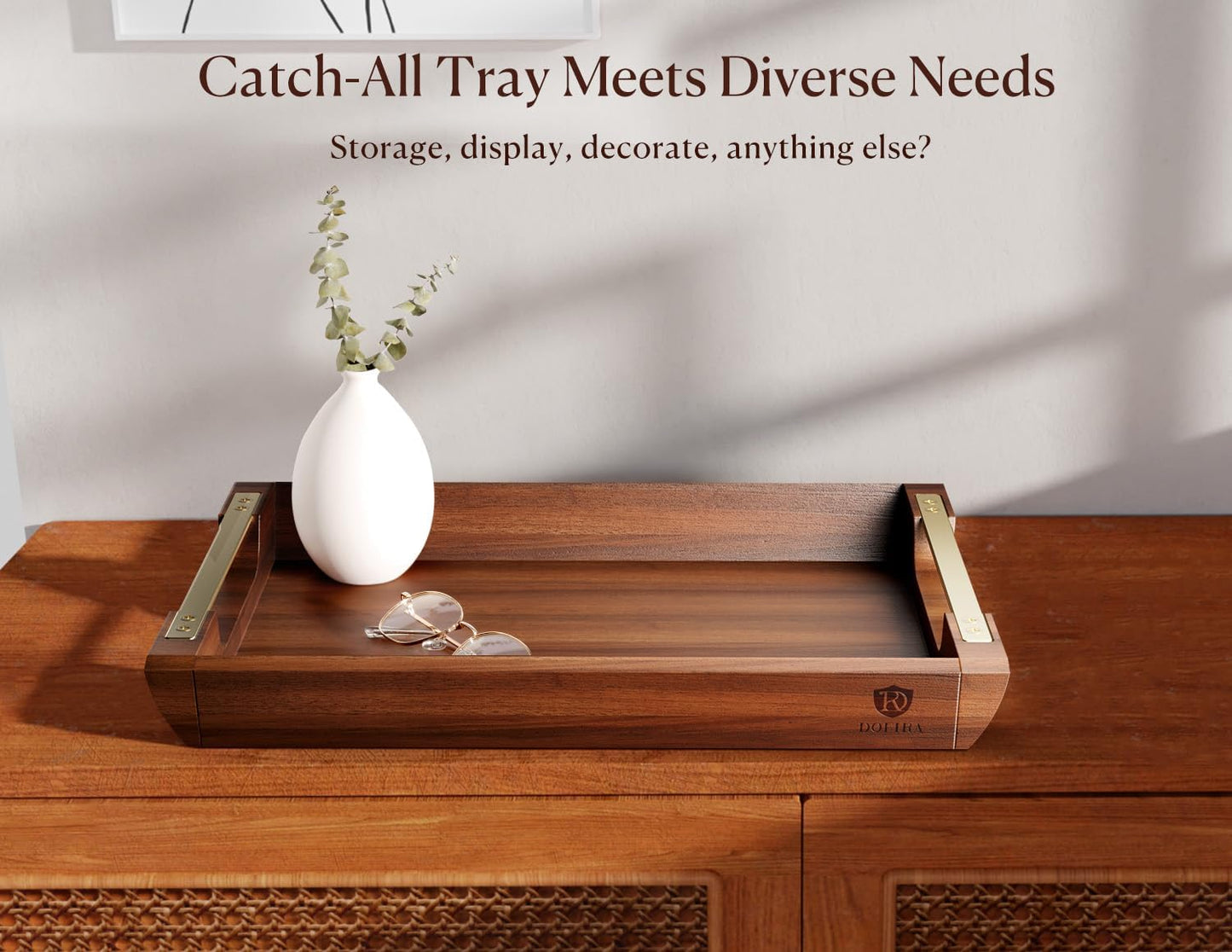 Acacia Wood Serving Tray with Metal Handles, 17x13in Large Ottoman Tray, Food Drinks Tray for Coffee Table, Breakfast, Dinner & Bar, Rustic Decorative Tray for Kitchen, Bedroom Gift Box