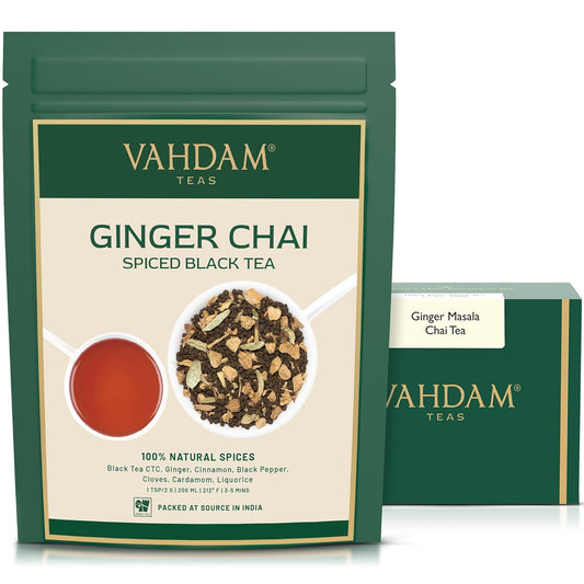 VAHDAM, Ginger Masala Chai Tea (50+ Cups,3.53oz) Authentic Indian Ginger Tea | Spiced Chai Tea Loose Leaf | Brew Hot, Iced Or Chai Latte | Vacuum Sealed Pack