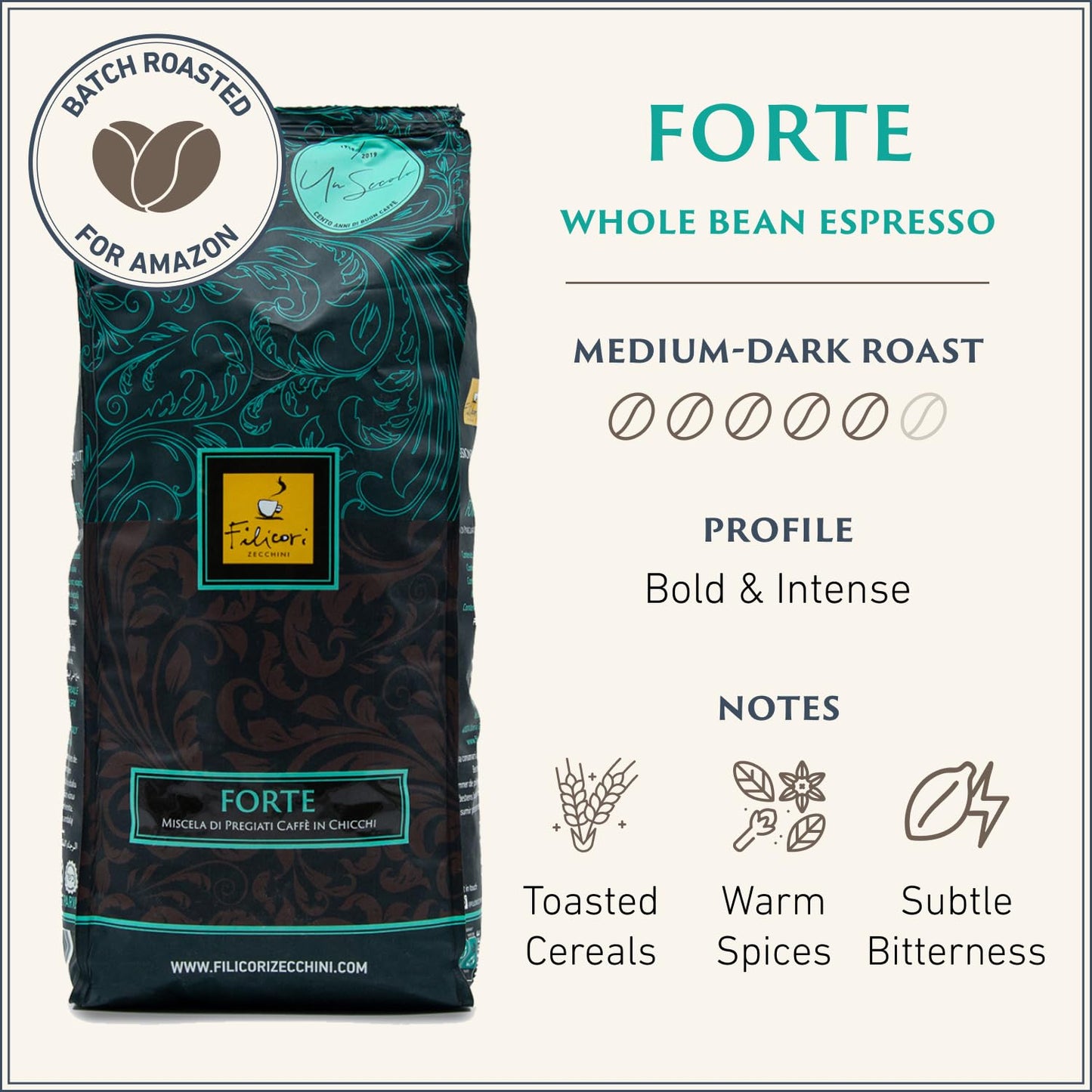 Filicori Zecchini Italian Espresso Beans – Whole Bean Coffee, Bold Dark Roast Arabica & Robusta Blend – Slow Roasted – Forte 2.2lb Bag