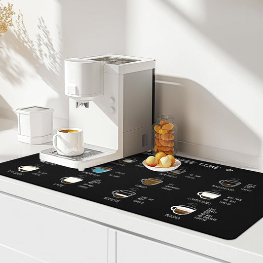 Matace Designer Coffee Bar Mat, Extra Large 17 x 31.5 Inches, Rubber Backing, Absorbent Coffee Maker Mats for Dish Drying, Kitchen Countertop, Coffee Flavor Menu, Black