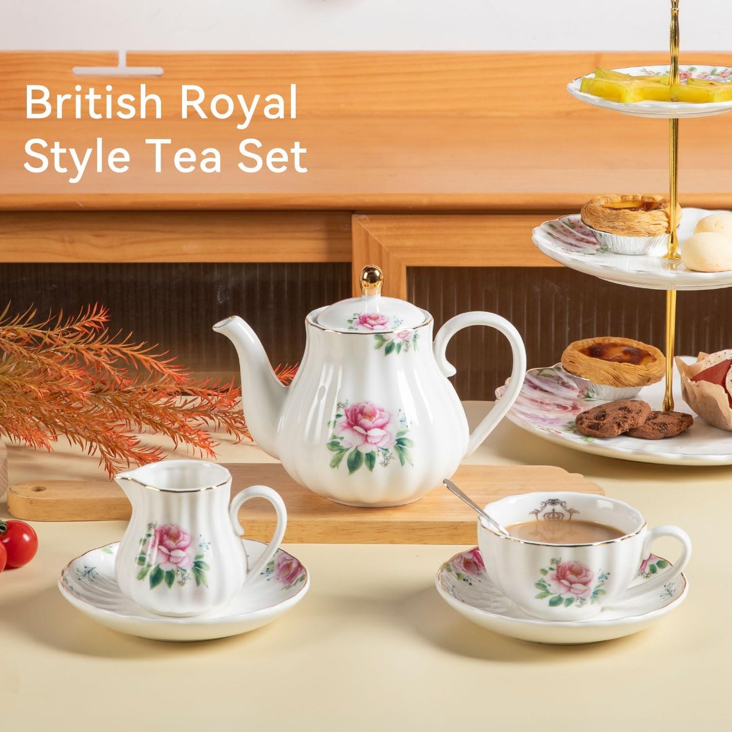 Porcelain Tea Sets British Royal Series, 8 OZ Cups & Saucer Service for 6, with Teapot Sugar Bowl Cream Pitcher Teaspoons and Tea Strainer, Suitable for High Tea, Wedding, Party(Blush Pink)