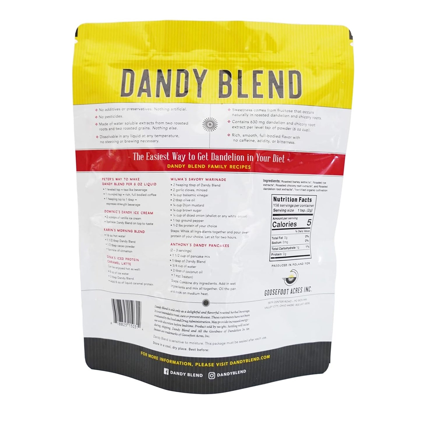 156 Cup Bag of Certified Organic Dandy Blend Instant Herbal Beverage with Dandelion, 11 oz. (312g) Bag