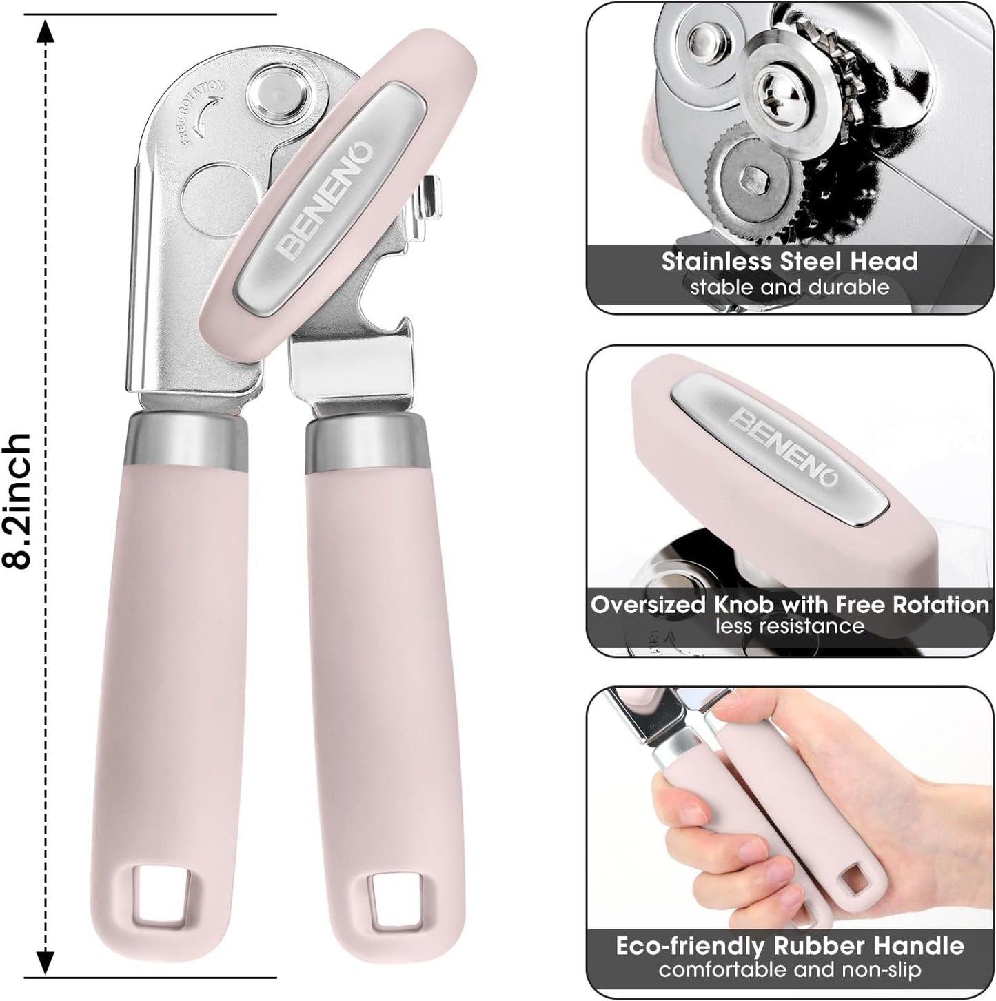 Beneno Can Opener Manual with Magnet, Hand Held Heavy Duty Can Opener with Durable Sharp Blade Smooth Edge, Big Effort-Saving Knob, Soft Grip Rubber Handle, Multifunctional Bottle Opener, Light Pink