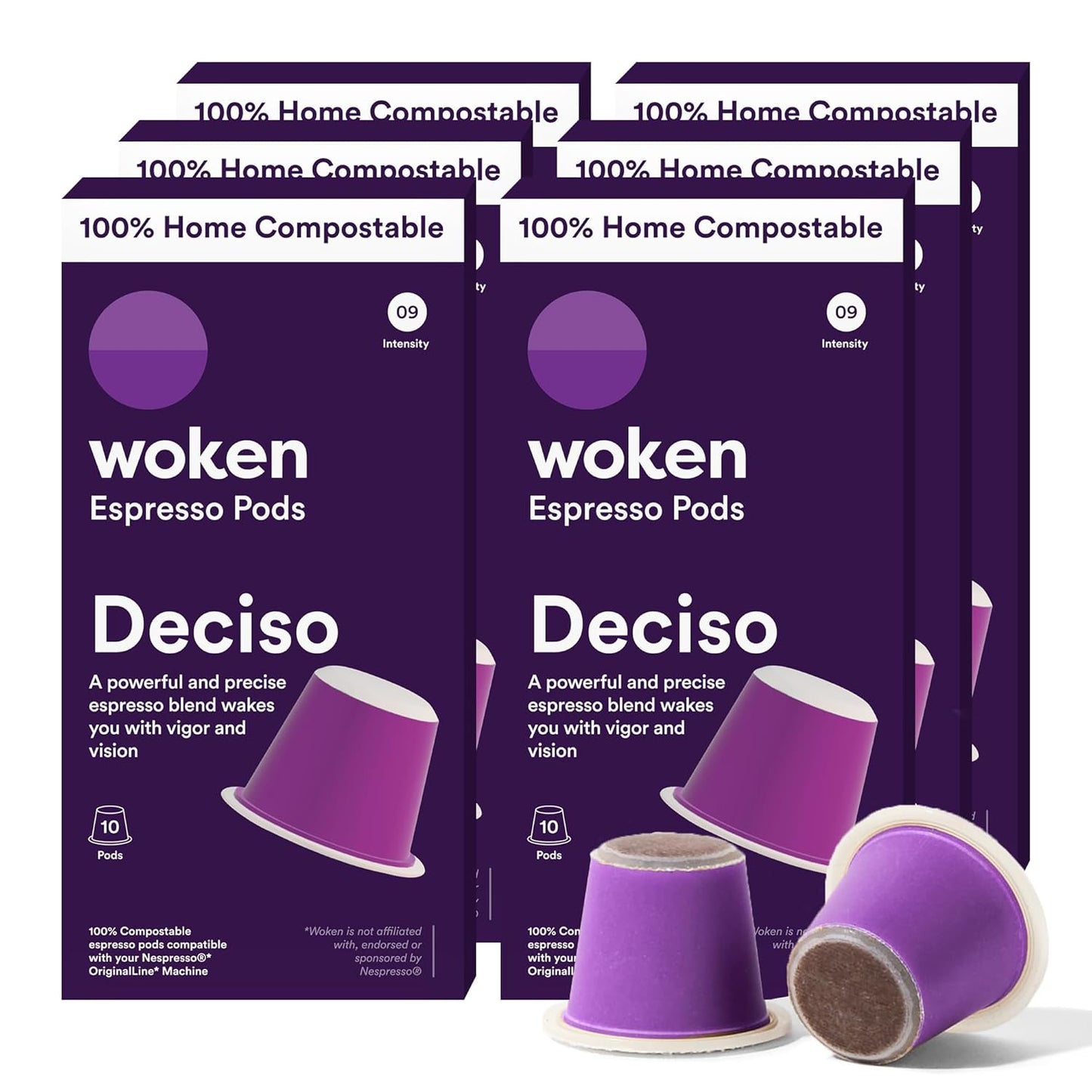 WOKEN COFFEE Compostable Nespresso Pods - Deciso Dark Roast Italian Espresso Coffee Capsules Compatible With Nespresso Coffee Machine (60 Pod Count, 6 Boxes)