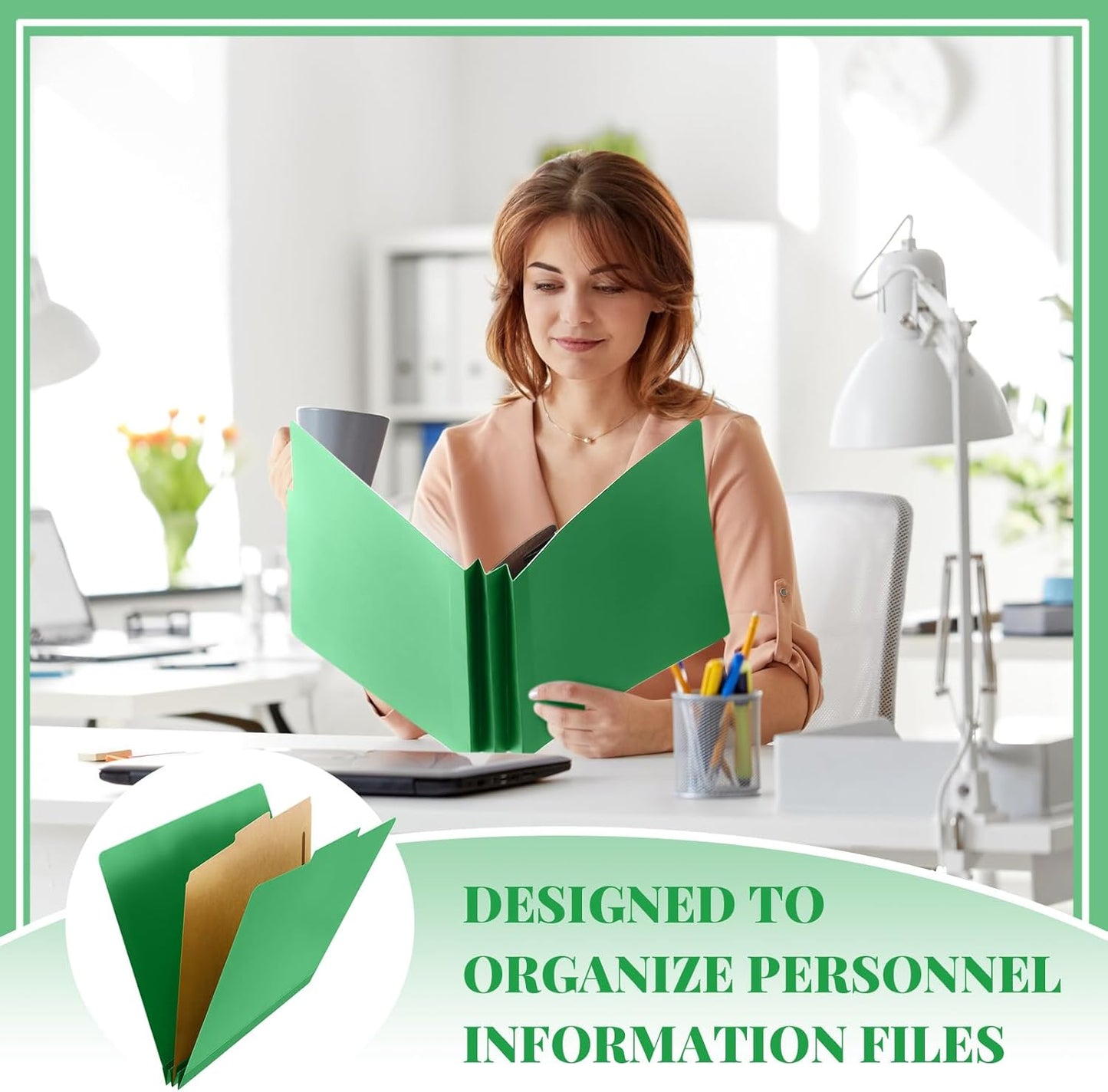 24 Pcs Classification Folders Letter Size, Back to School Supply for Teacher, Student, 1 Divider Pressboard File Folder Bulk with 2 Fasteners, 3.5 Inch Expanding File Organizer (Green)