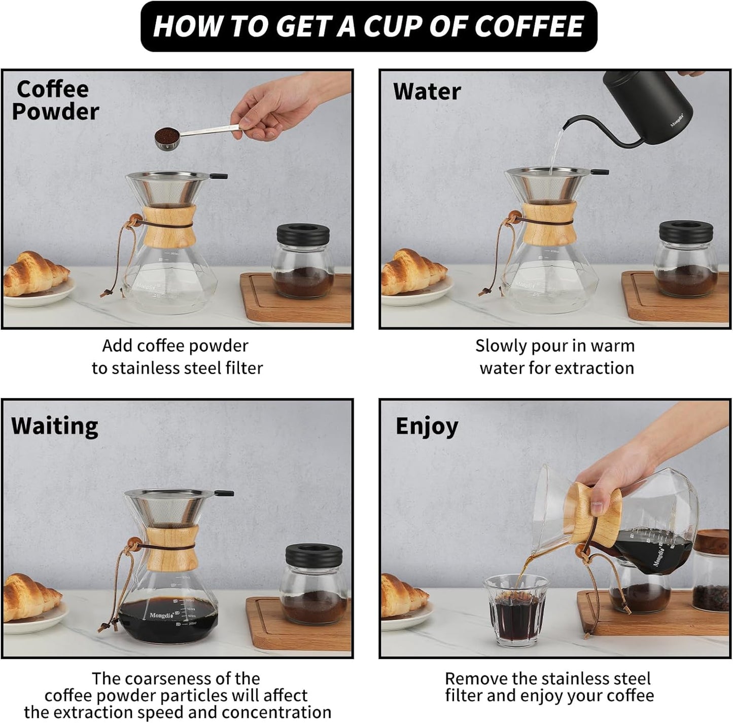 Mongdio 27 Oz Pour Over Coffee Maker with Stainless Steel Filter and Wooden Collar Holder, Borosilicate Glass Coffee Maker for Camping Home, 800ML/27OZ, Clear