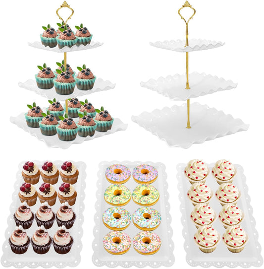 5 Pcs Dessert Table Display Set, White Plastic 2 Pcs Square 3 Tier Cupcake Stand Cup Cake Tower Stand with Metal Rod & 3 Pcs Serving Tray for Baby Shower, Tea Party, Wedding, Birthday Party
