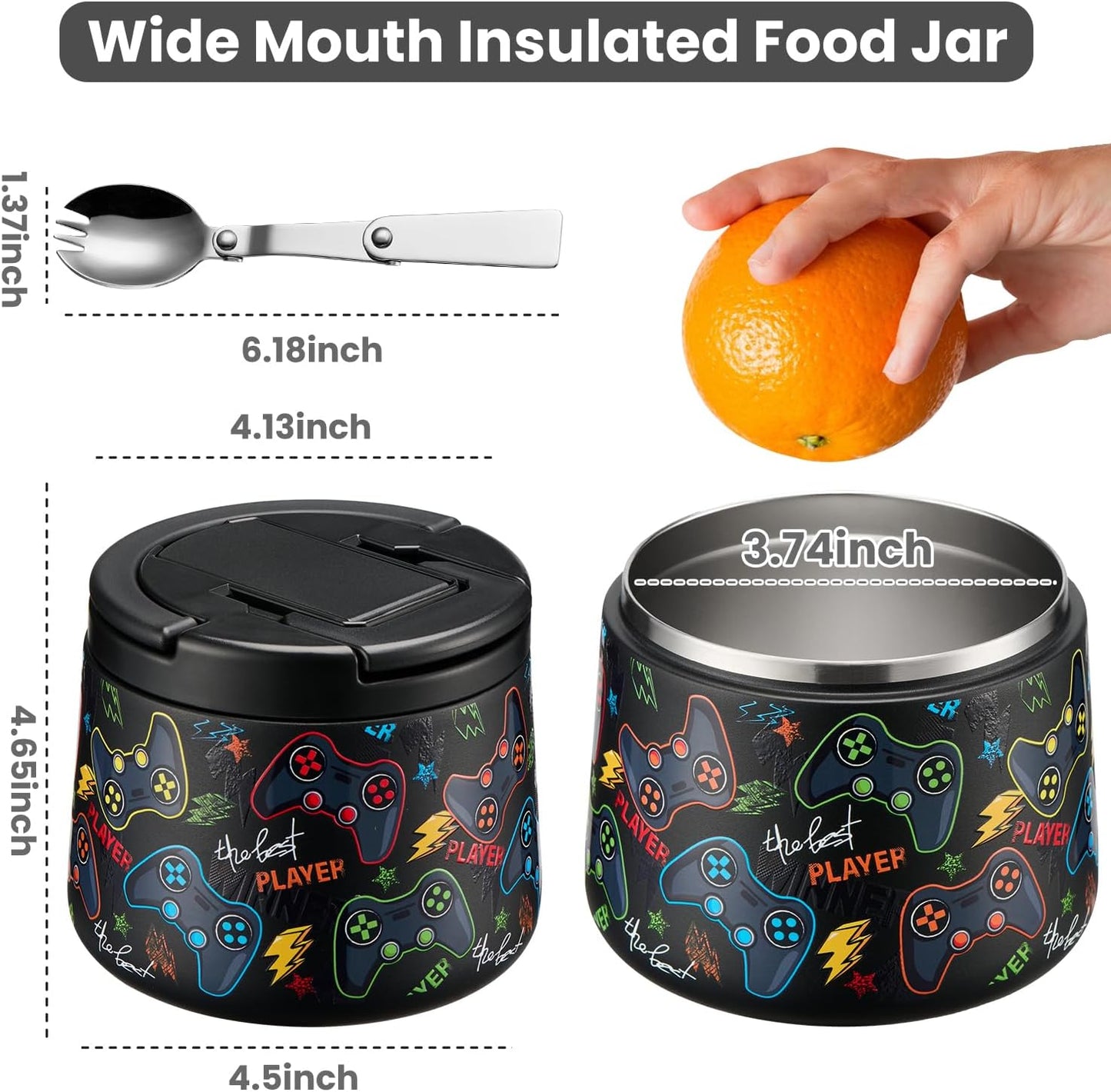 14oz Insulated Vacuum Food Jar with Buckle Lid,Soup Thermo for Hot Food Kids,Wide Mouth Leakproof Stainless Steel Lunch Container with Spoon-Black Game