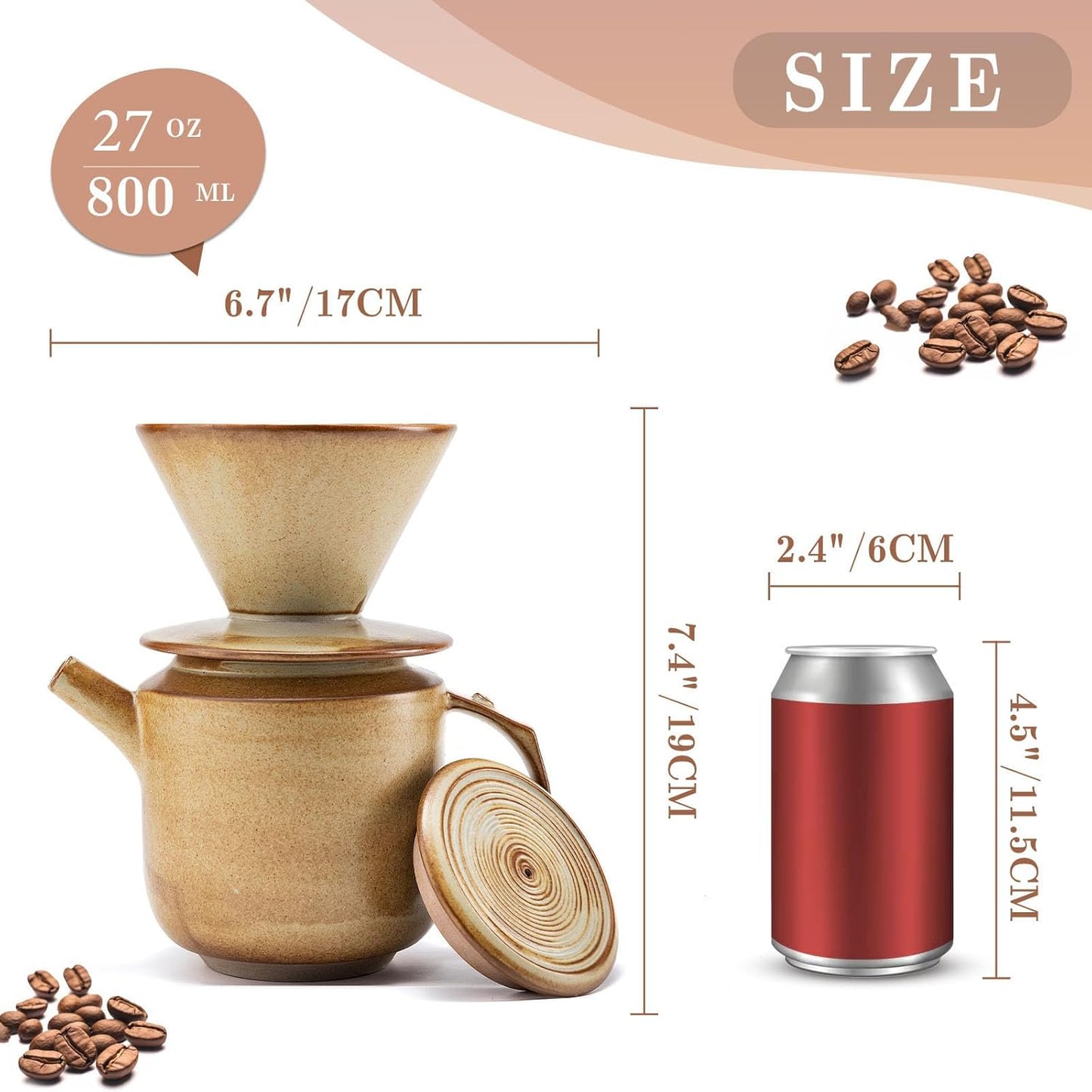 AZYM Pour Over Coffee Maker Set,with Lid and V60 Paper Coffee Fliters 20 Counts,High Heat Resistant Vintage Coffee Carafe Dripper Set for Home Café Restaurant Camping Hiking(Yellow)