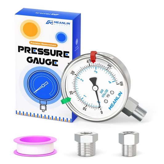 MEANLIN MEASURE 0~60Psi Stainless Steel Liquid Filled Pressure Gauge 2.5" FACE DIAL 1/4" NPT for Pool Filter Pump Water Oil Air Compressor Lower Mount with Stainless Steel Hex Bushing and Snaps