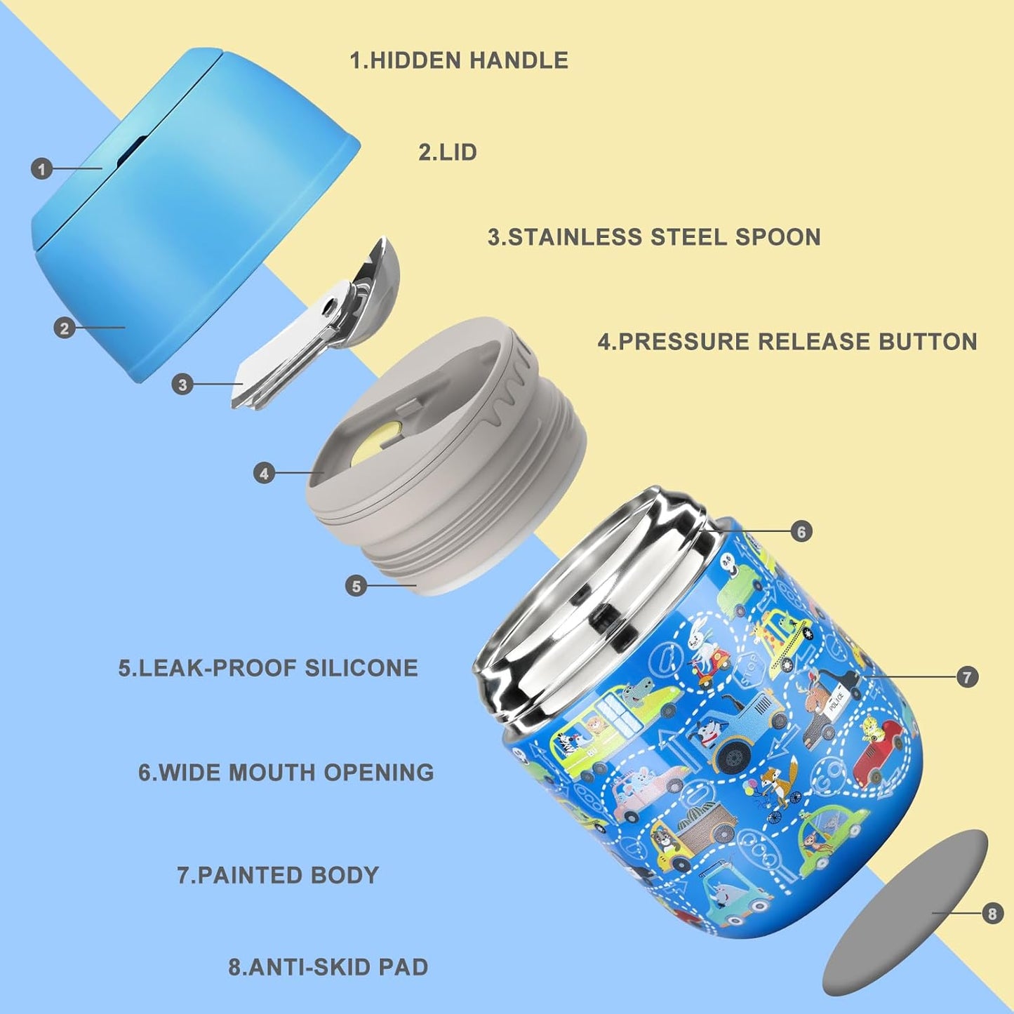 17 oz Insulated Lunch Containers Hot Food Jar, Wide Mouth Lunch Thermo for Kids Adults, Vacuum Stainless Steel Lunch Box With Handle Folding Spoon for School, Office Blue - Car