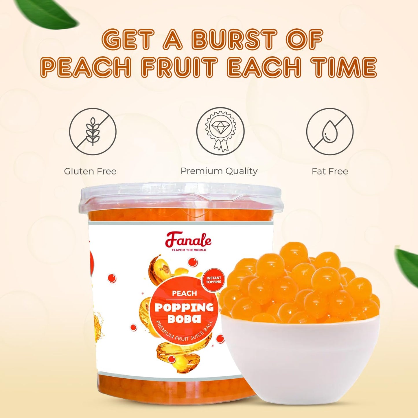 Fanale Peach Popping Boba Pearls, Vegan, Non GMO, Gluten Free, Fat Free, Perfect for Bubble Tea, Smoothies, Ice Cream, Desserts, and Beverages | FPB010