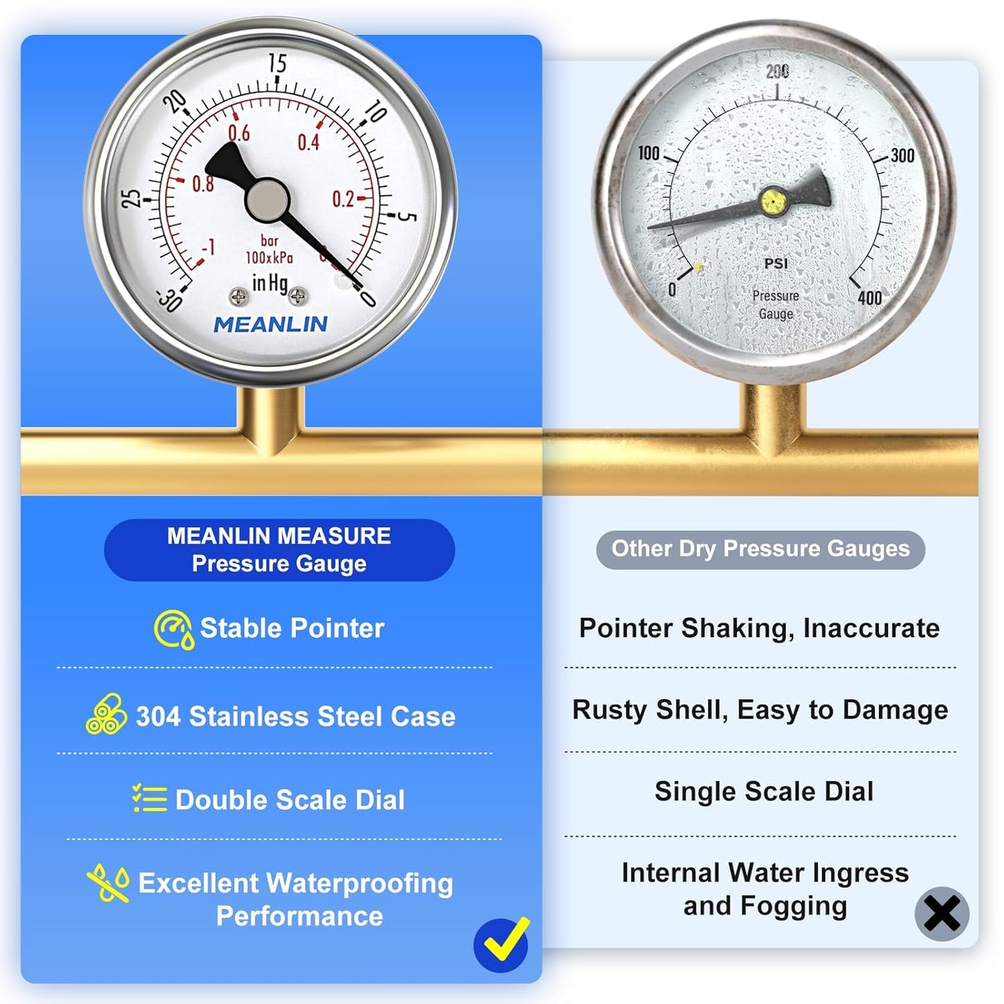 MEANLIN MEASURE -30inHG~0Psi Vacuum Gauge Stainless Steel 1/4" NPT 2" FACE DIAL Waterproof for Air Compressor HVAC Negative Pressure Hand Pump Pool Back Mount with 1/2" NPT and 3/8" NPT Hex Bushing