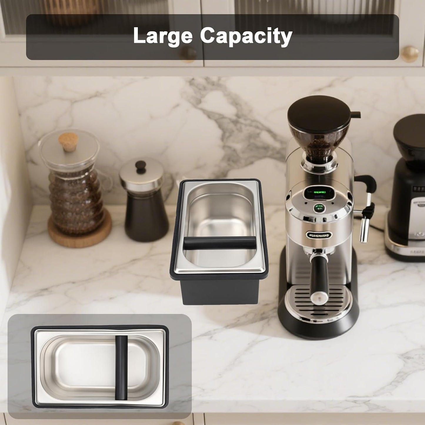 Espresso Knock Box, Coffee Knock Box for Espresso Grounds Disposal, Large Capacity, Equipped with Noise, Reduction Rubber Ring & Steel Holder, Ideal Tool for Espresso Machines, Black (Large)
