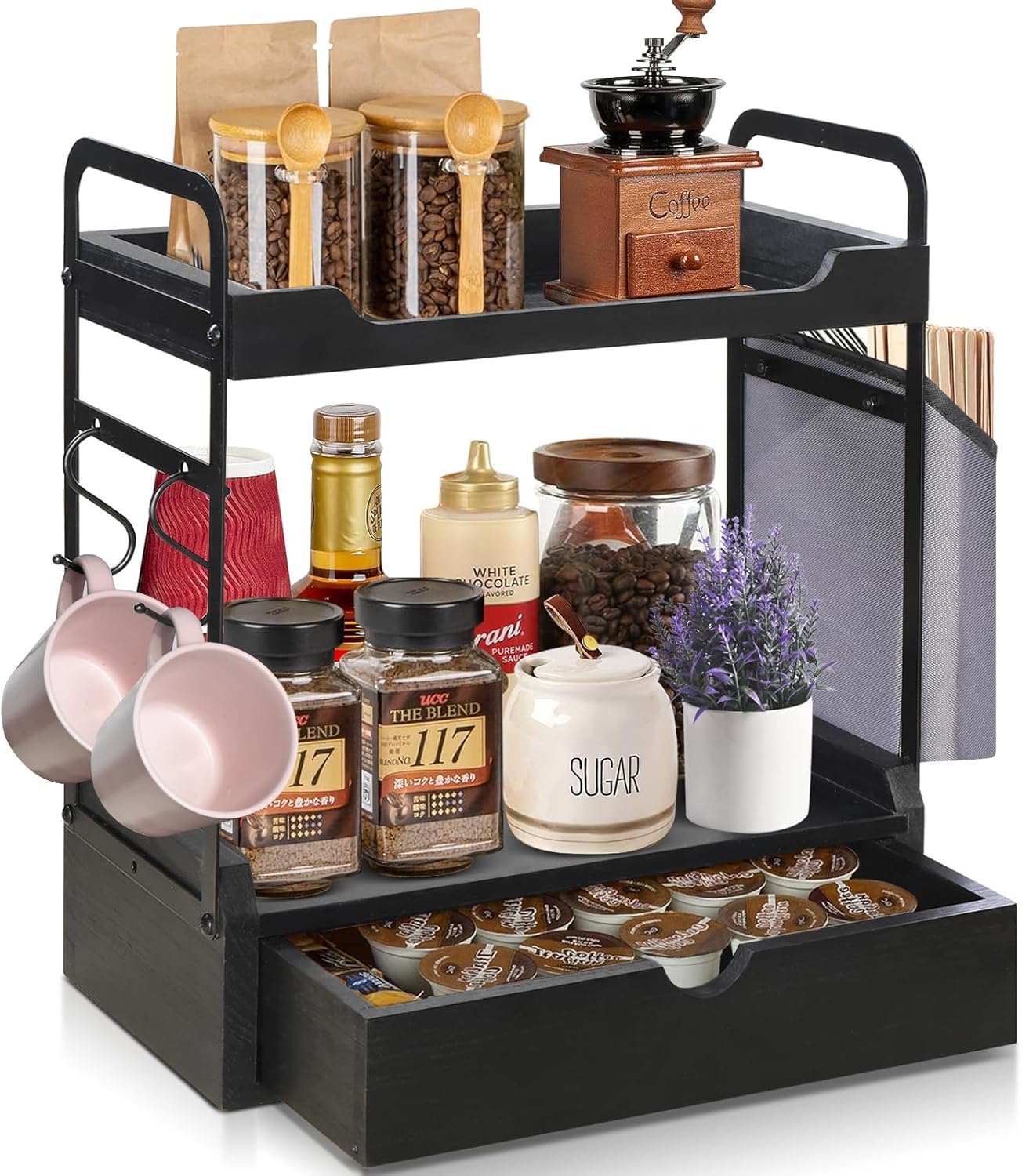 Wooden Coffee Bar Organizer - 2-Tier Station with Pod Holder, Syrup Snack Organizer, Bag & Hooks (Black)