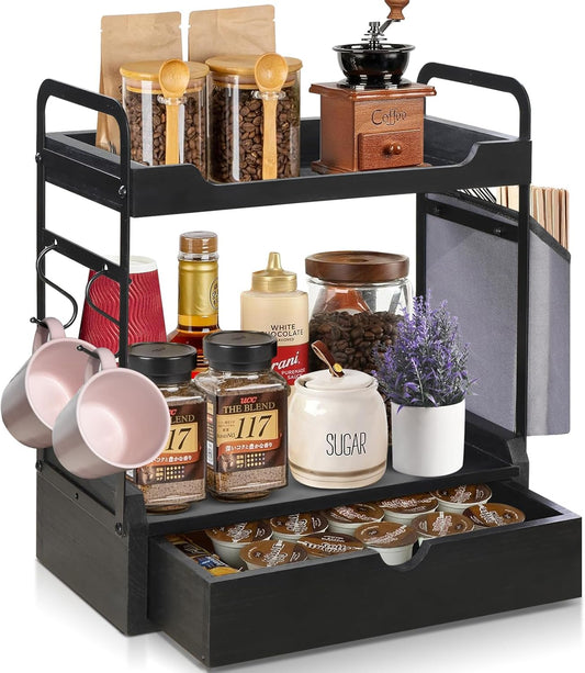Wooden Coffee Bar Organizer - 2-Tier Station with Pod Holder, Syrup Snack Organizer, Bag & Hooks (Black)
