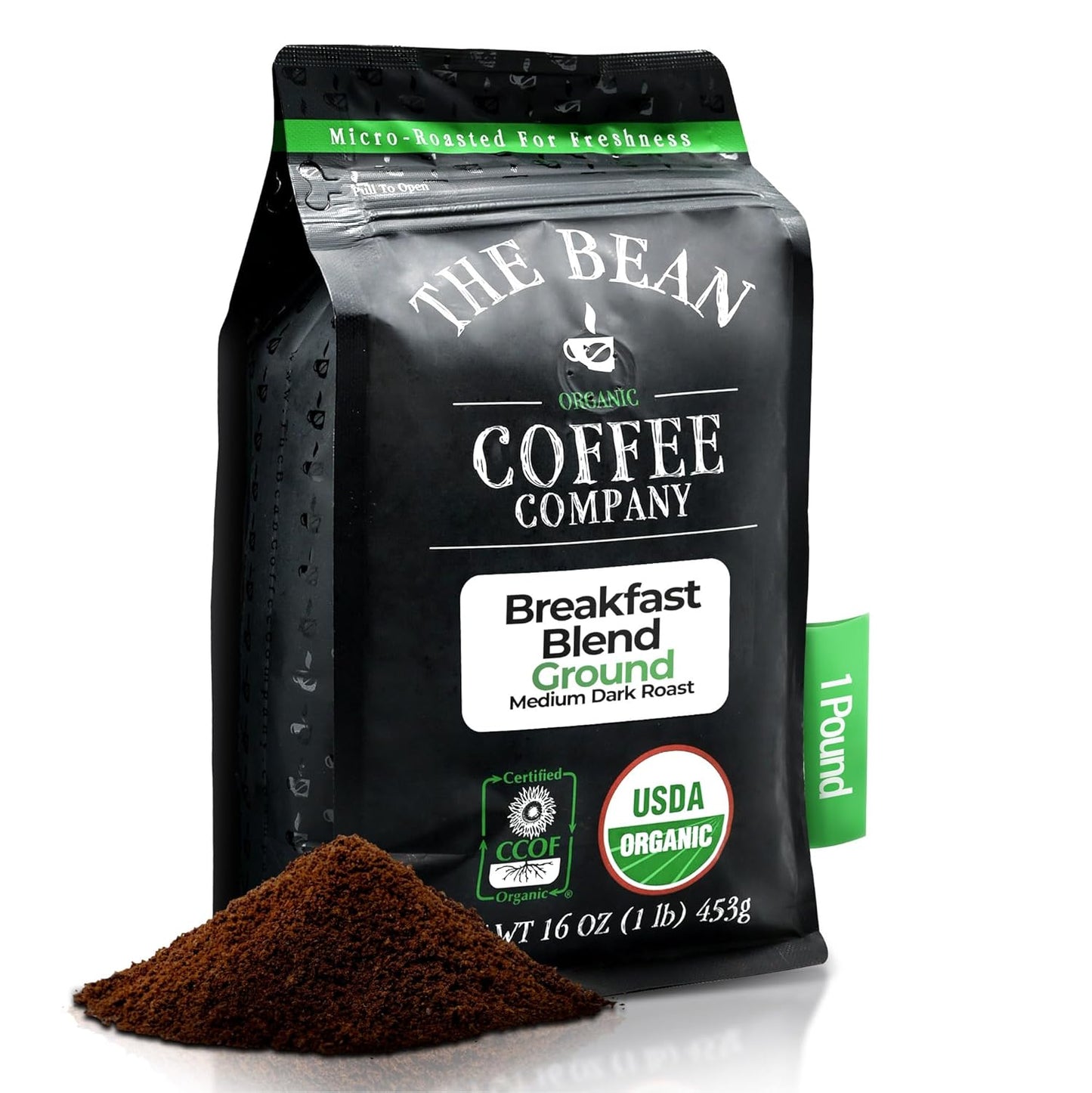 The Bean Organic Coffee Company Breakfast Blend, Medium Dark Roast, Ground Coffee, 16-Ounce Bag,Café molido tostado organico