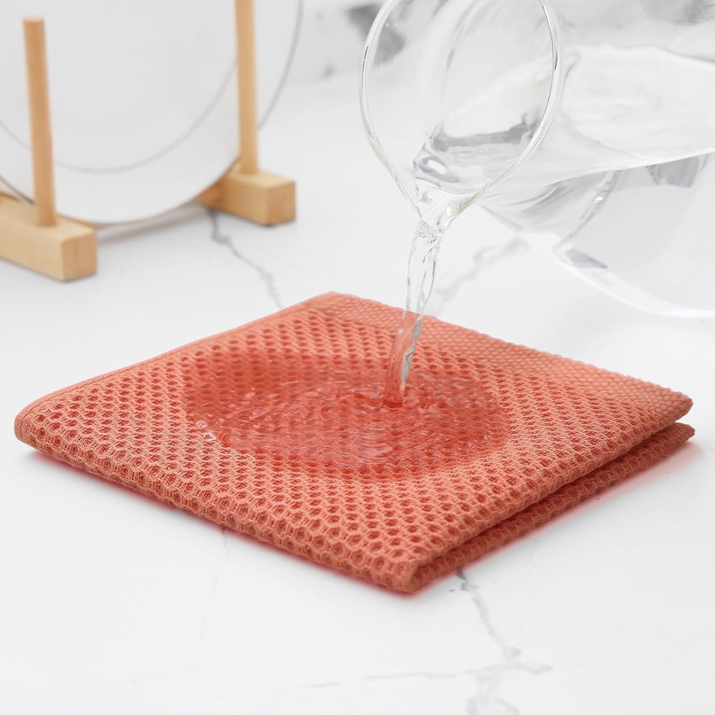 Kitinjoy 100% Cotton Kitchen Dish Cloths, 6 Pack Waffle Weave Ultra Soft Absorbent Dish Towels for Drying Dishes Quick Drying Kitchen Towels Dish Rags, 12 X 12 Inches, Coral