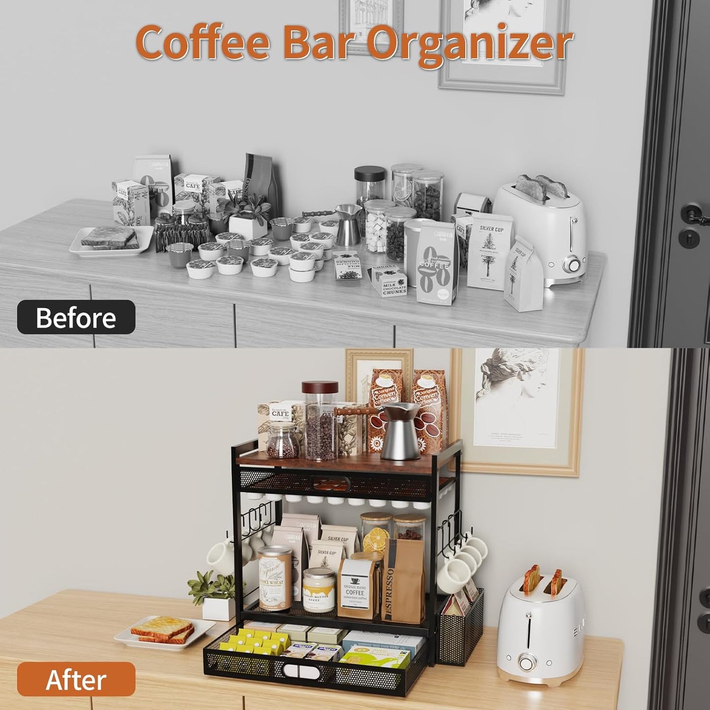 Coffee Bar Organizer Station with CoffeePod Drawer Mug Cup Holder and Tea Condiment Storage Kitchen Countertop Organizer CoffeeBar Accessories for Kitchen,Home,Office
