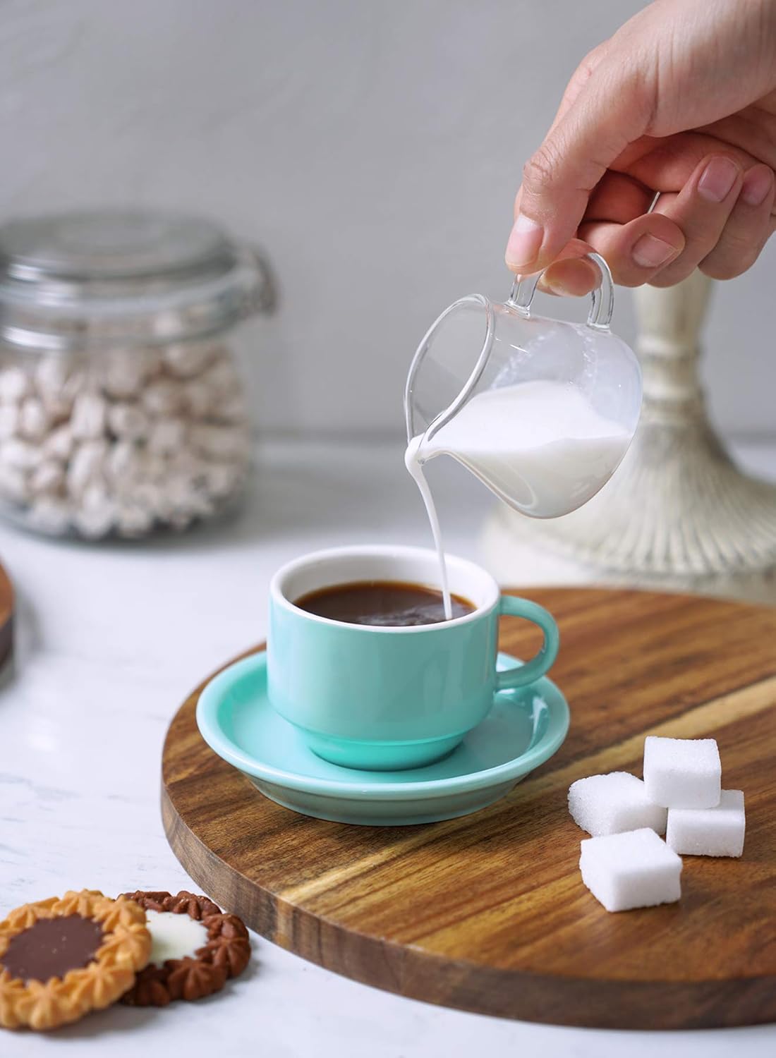 Sweese 2.5 Ounce Porcelain Stackable Espresso Cups with Saucers and Metal Stand Set of 4, Turquoise