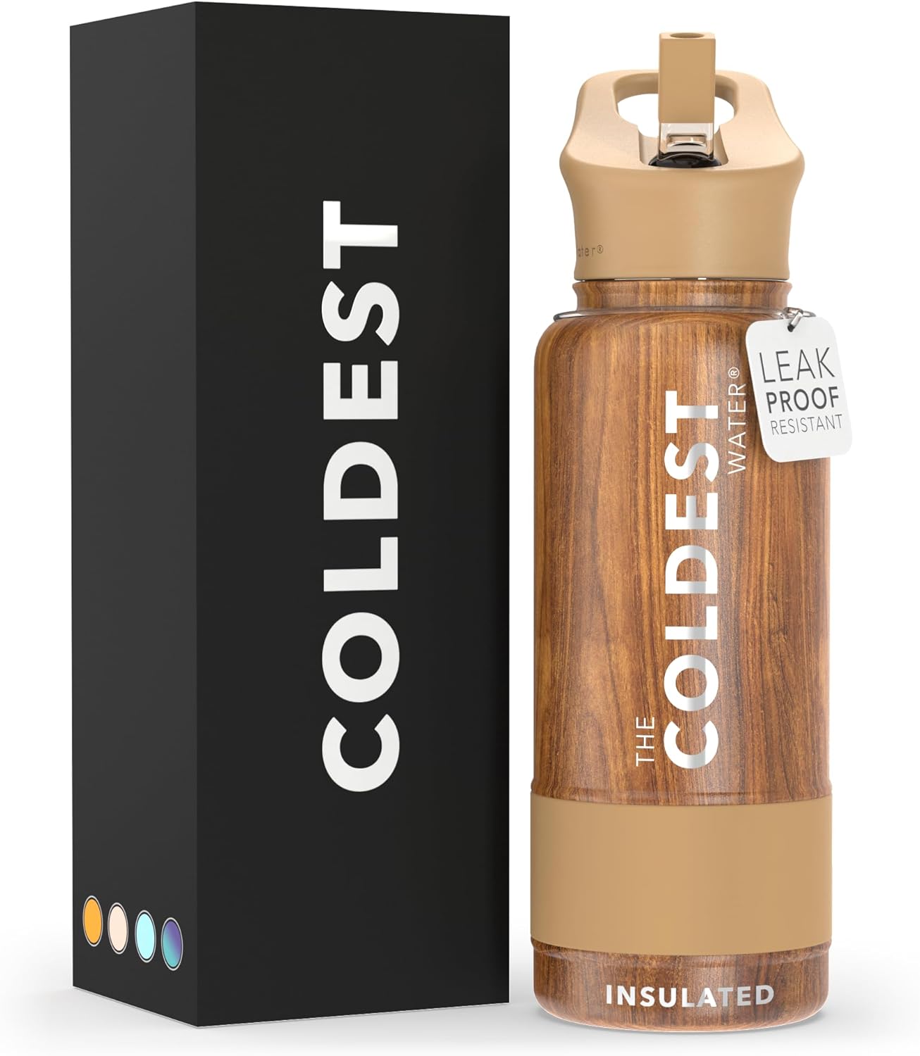 Coldest Insulated Water Bottle with Straw Lid - Stainless Steel Metal Insulated Bottle for Men & Women (Executive Wood, 32 oz)