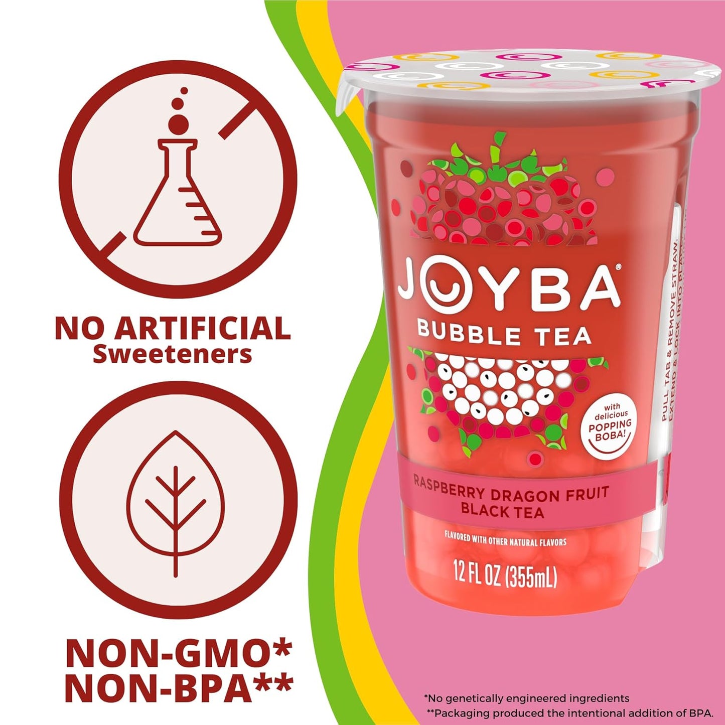 Joyba Bubble Tea Raspberry Dragon Fruit Black Tea with Popping Boba, 6 Pack, 12 fl. oz. Cups