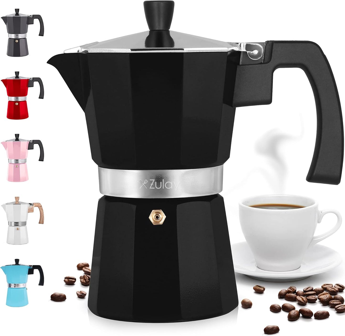 Zulay Classic Stovetop Espresso Maker for Great Flavored Strong Espresso, Classic Italian Style 3 Espresso Cup Moka Pot, Makes Delicious Coffee, Easy to Operate & Quick Cleanup Pot (Black)