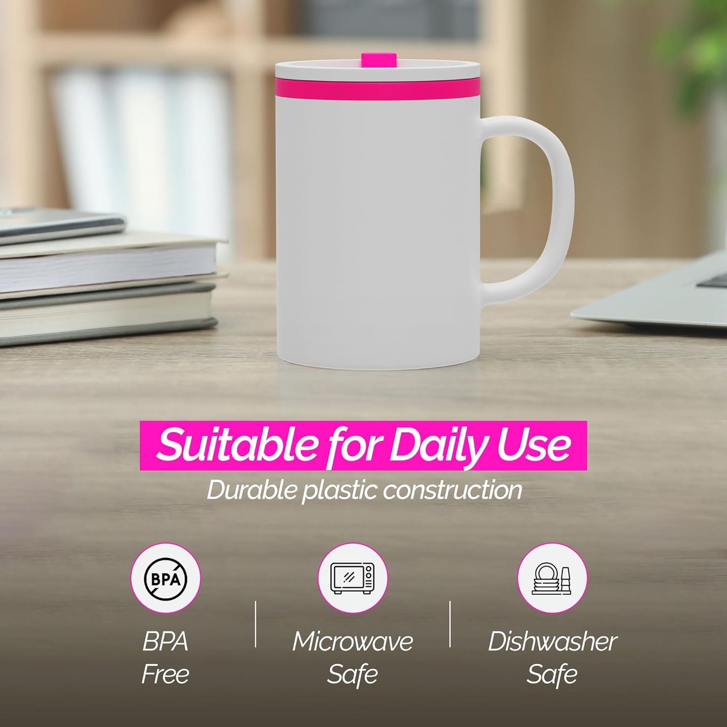 Copco Iconic 16oz Double Wall Insulated Desk Mug with Lid and Handle, Set of 2, BPA-Free Reusable Plastic, Spill-Proof, Microwave & Dishwasher Safe, Wide Mouth, Cup Holder Friendly (Pink)