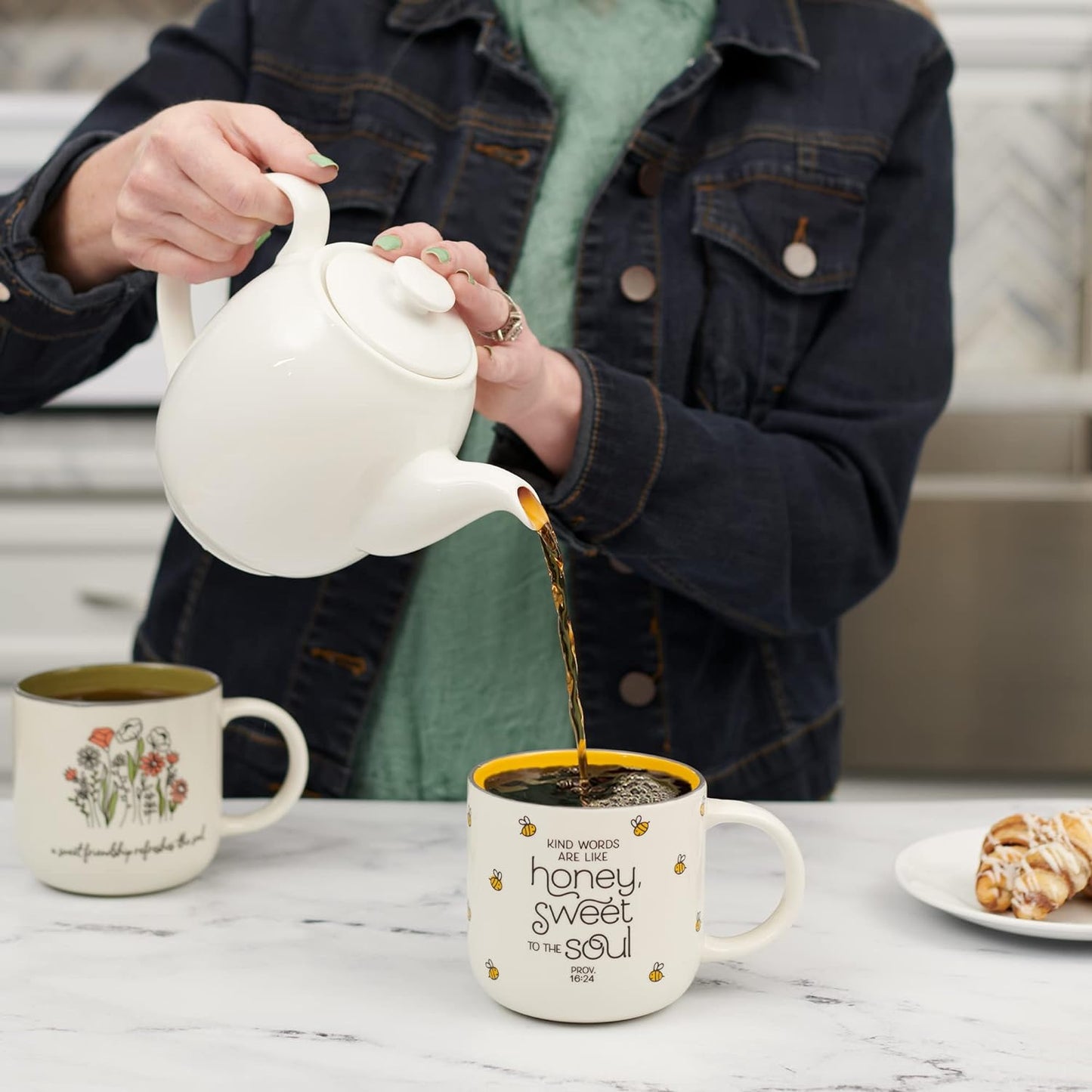 Christian Art Gifts Large Ceramic Coffee & Tea Mug for Women: Kind Words are Like Honey Inspirational Bible Verse, Non-toxic/Lead-free, Microwave/Dishwasher Safe Bumble Bee Cup, Yellow/White, 15 oz.