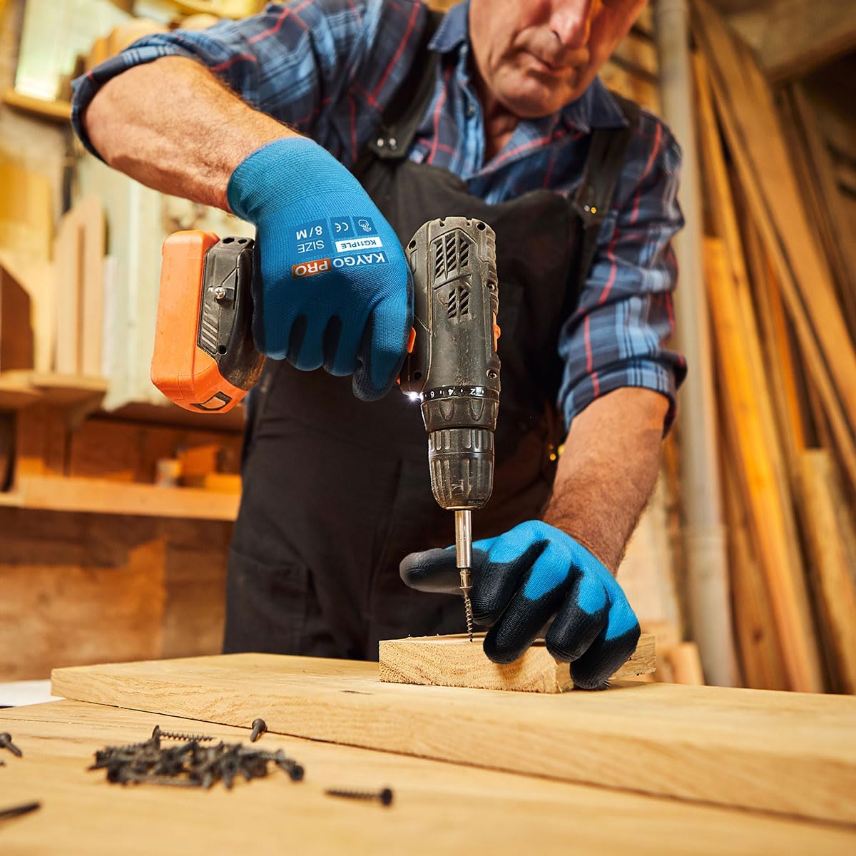 KAYGO Safety Work Gloves PU Coated for Men and Women, KG11P 12 Pairs Seamless Knit Glove with Two Fingers Touchscreen,Ideal for General Duty Work (Blue,M)