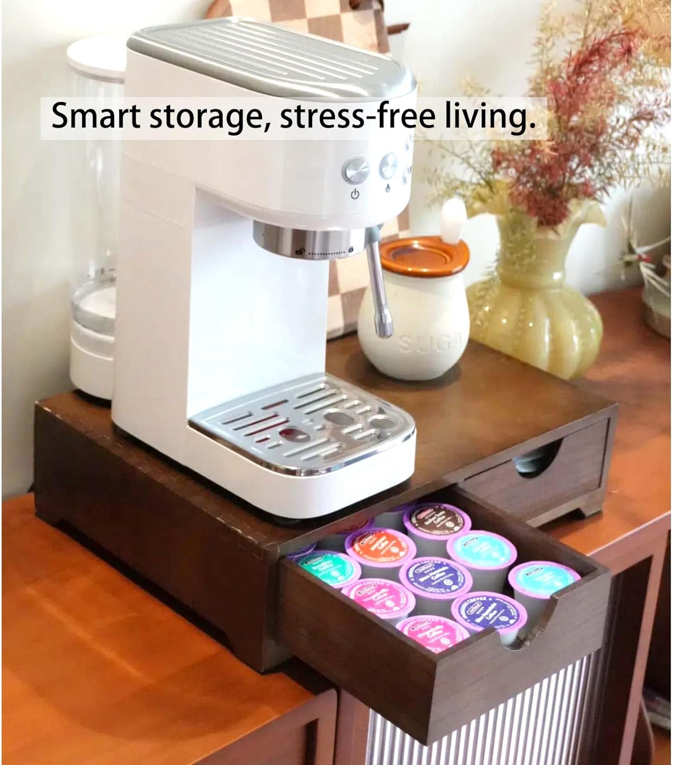 Wooden Coffee Pod Organizer with 4 Anti-Slip Feet, Elevated Coffee Pod Storage Box, Tea & Coffee Capsule Holder, 30 Pod Capacity with Drawer for Moisture Protection