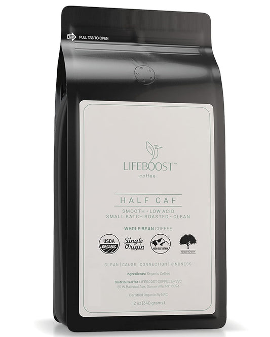 Lifeboost Half Caff Whole Bean Coffee - Non-GMO Low Acid Single Origin USDA Organic Coffee - Third Party Tested For Mycotoxins & Pesticides - 12 Ounces