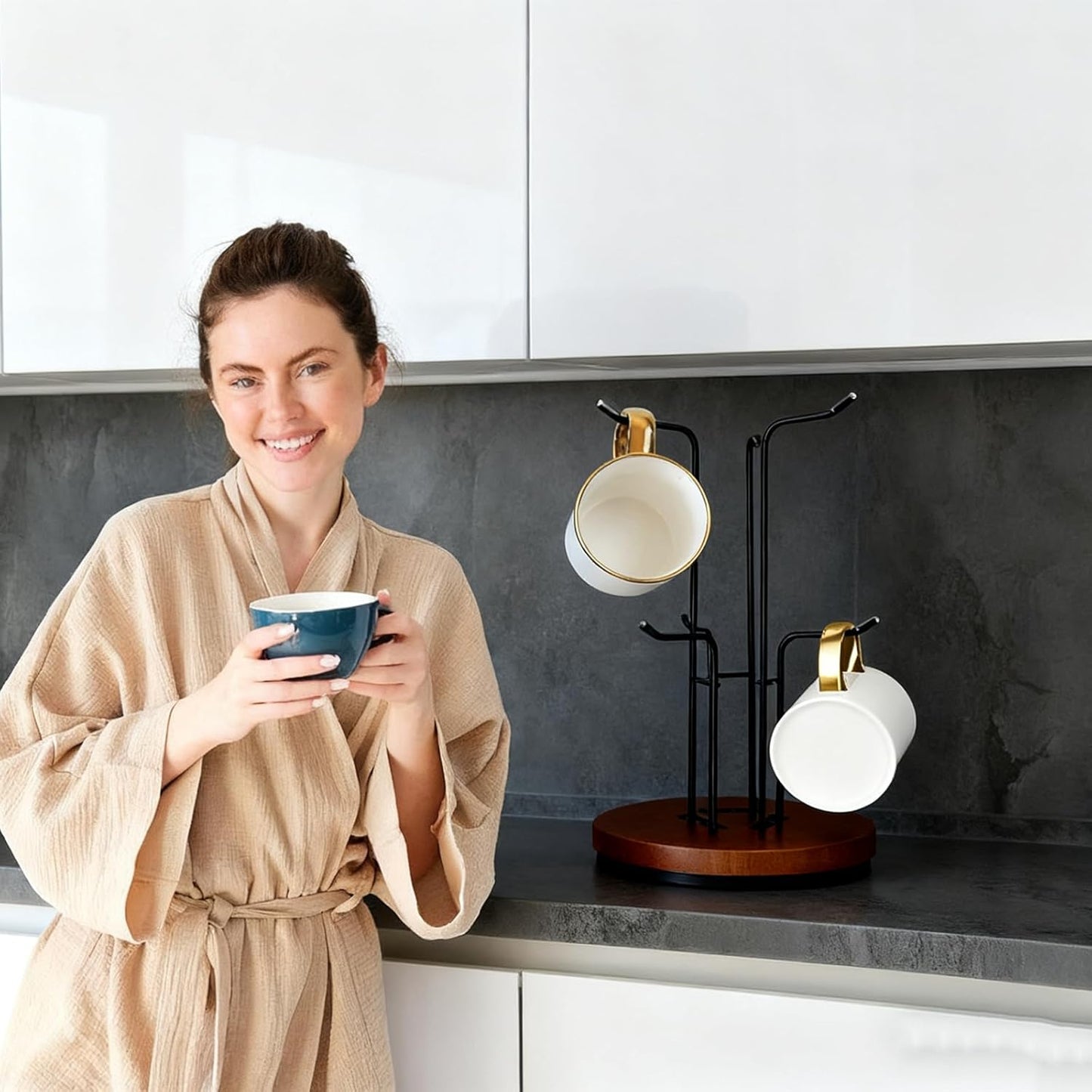 Mug Holder Tree,360° Rotated 6 Hooks Coffee Cup Holder for Large Cups,Metal Coffee Cup Rack Stand for Countertop with Stable Wooden Base, Kitchen Counter Decor