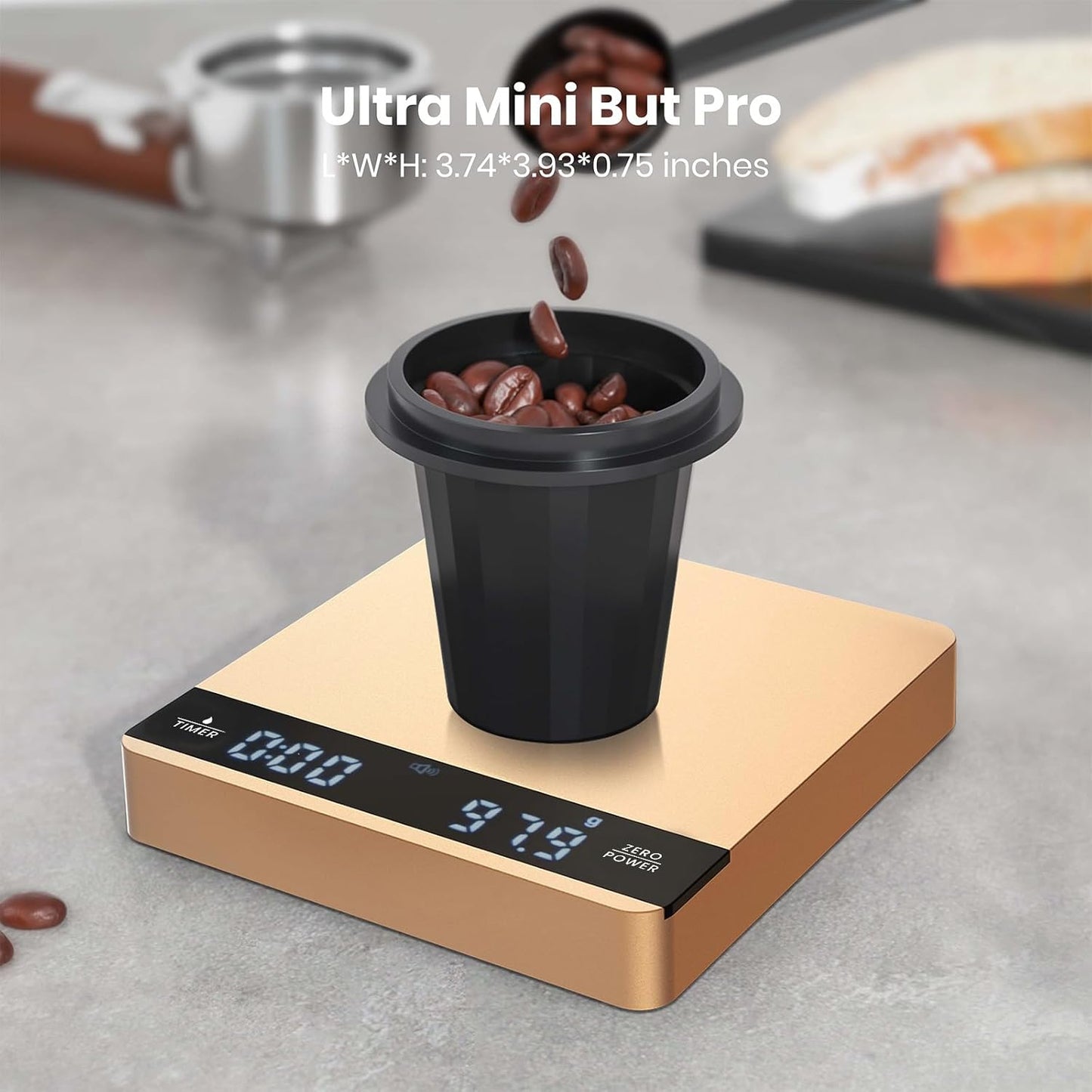 Mini Coffee Scale with Timer, Maestri House Rechargeable Espresso Scale, 2kg/0.1g Accurate Scale for Espresso and Pour-Over Coffee, Portable Digital Kitchen Scale with Automatic Timing-Gold