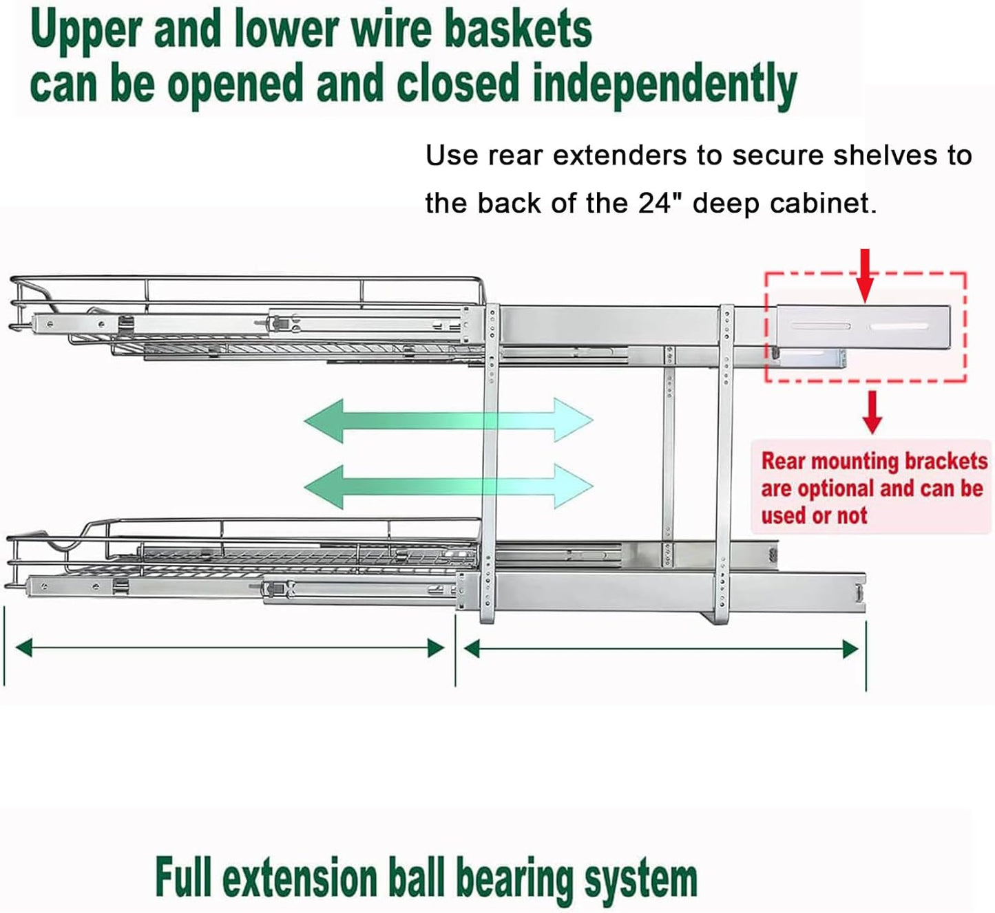 DINDON 2 Tier Pull Out Cabinet Organizer (20" W X 21" D), Double Tier Wire Basket Slide Out Shelf Storage for Kitchen Base Cabinet Organization for Kitchen, Pantry, Bathroom, Chrome