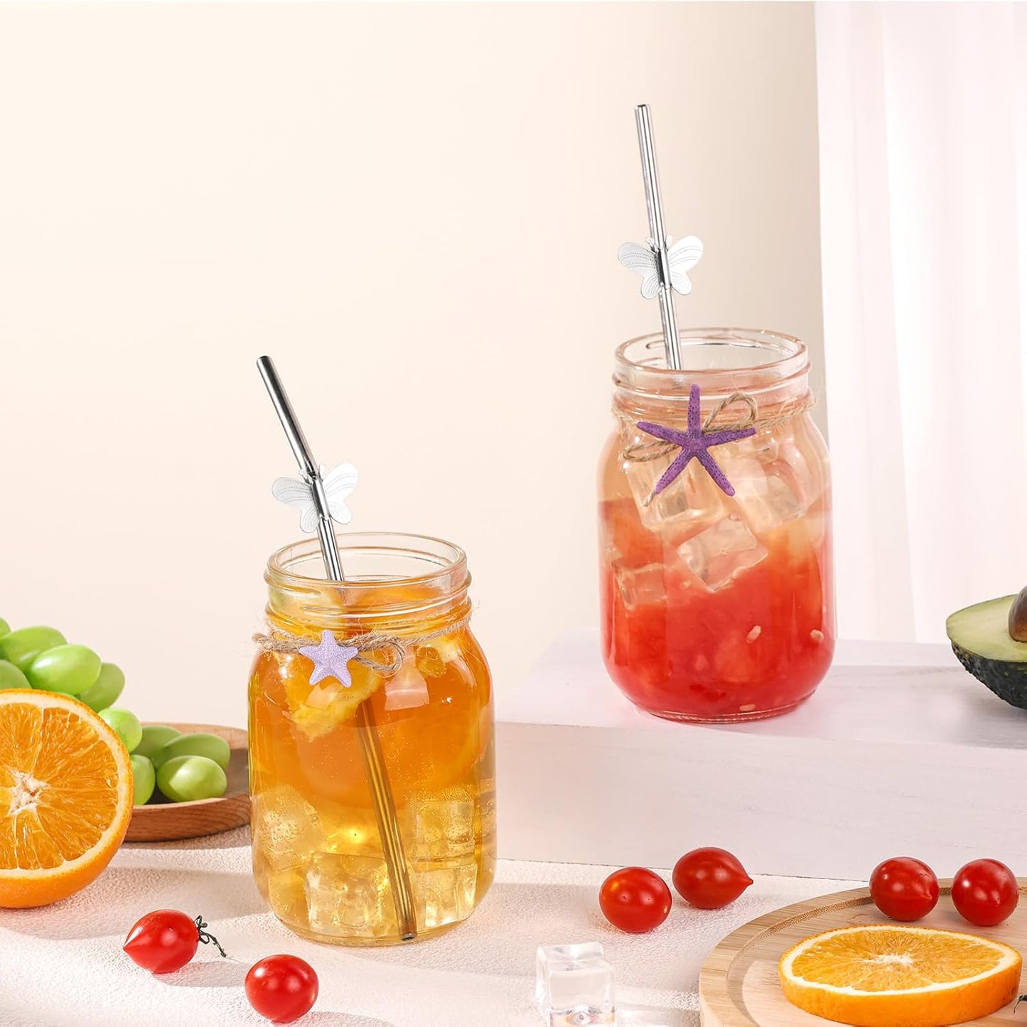 8 Pack 8" Reusable Stainless Steel Metal Straws, 4 Straight + 4 Bent Metal Drinking Straws for Tumblers Beverage Drink with Butterfly Charms and 1 Cleaning Brush