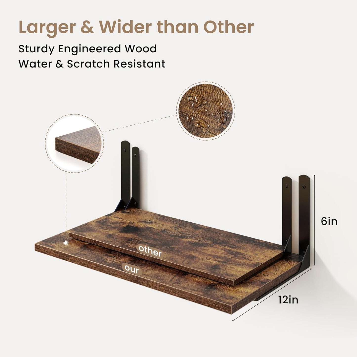 Fun Memories Rustic Brown 12 Inch Deep Floating Shelves Set of 2, Wall Mounted Shelf with Metal Brackets, Rustic Wood Wall Shelf for Bathroom, Kitchen and Living Room