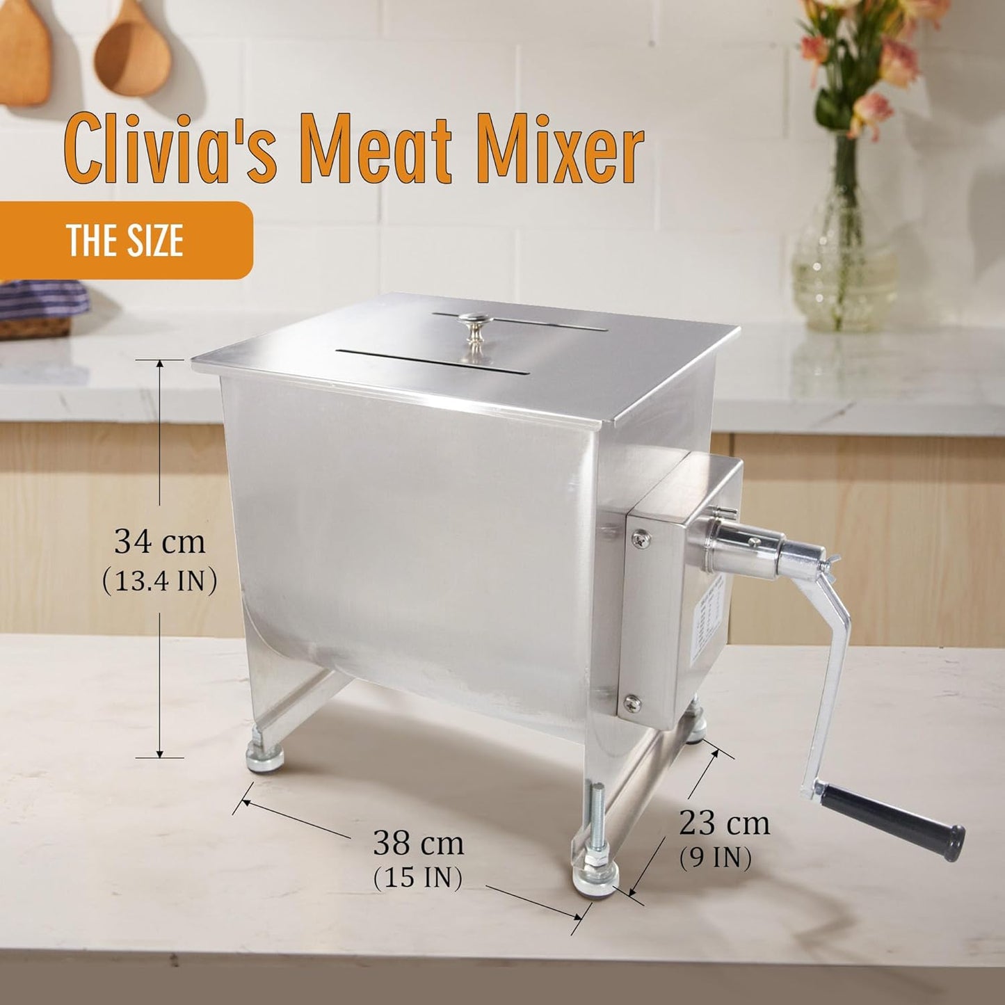 CMI Commercial Stainless Steel Manual Meat Mixers with lid,20Lb/10L Fixed Tank,(Mixing Maximum 15Lb for Meat),Sausage Mixer Machine Meat Processing Equipment