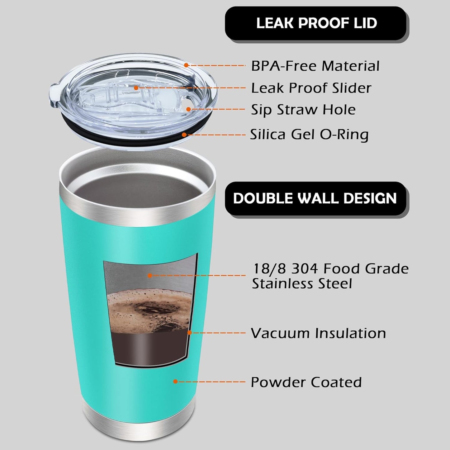 20oz Tumbler Bulk Stainless Steel Tumblers with Lid Vacuum Insulated Double Wall Travel Coffee Mug Powder Coated Tumbler Cup for Hot and Cold Drinks(Light Blue, 6 pack)